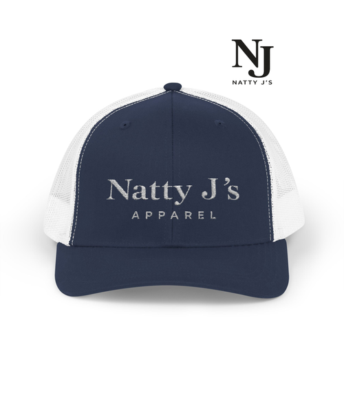 Navy and white cap with 'Natty J's Apparel' text on a white background