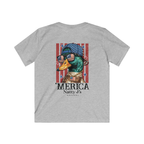Gray t-shirt with a graphic of a duck wearing sunglasses and an American flag hat, with 'MERICA' text on a white background.