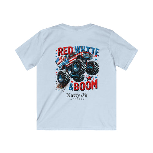 Light blue t-shirt with a graphic of a monster truck and text 'Red White & Boom' on a white background.