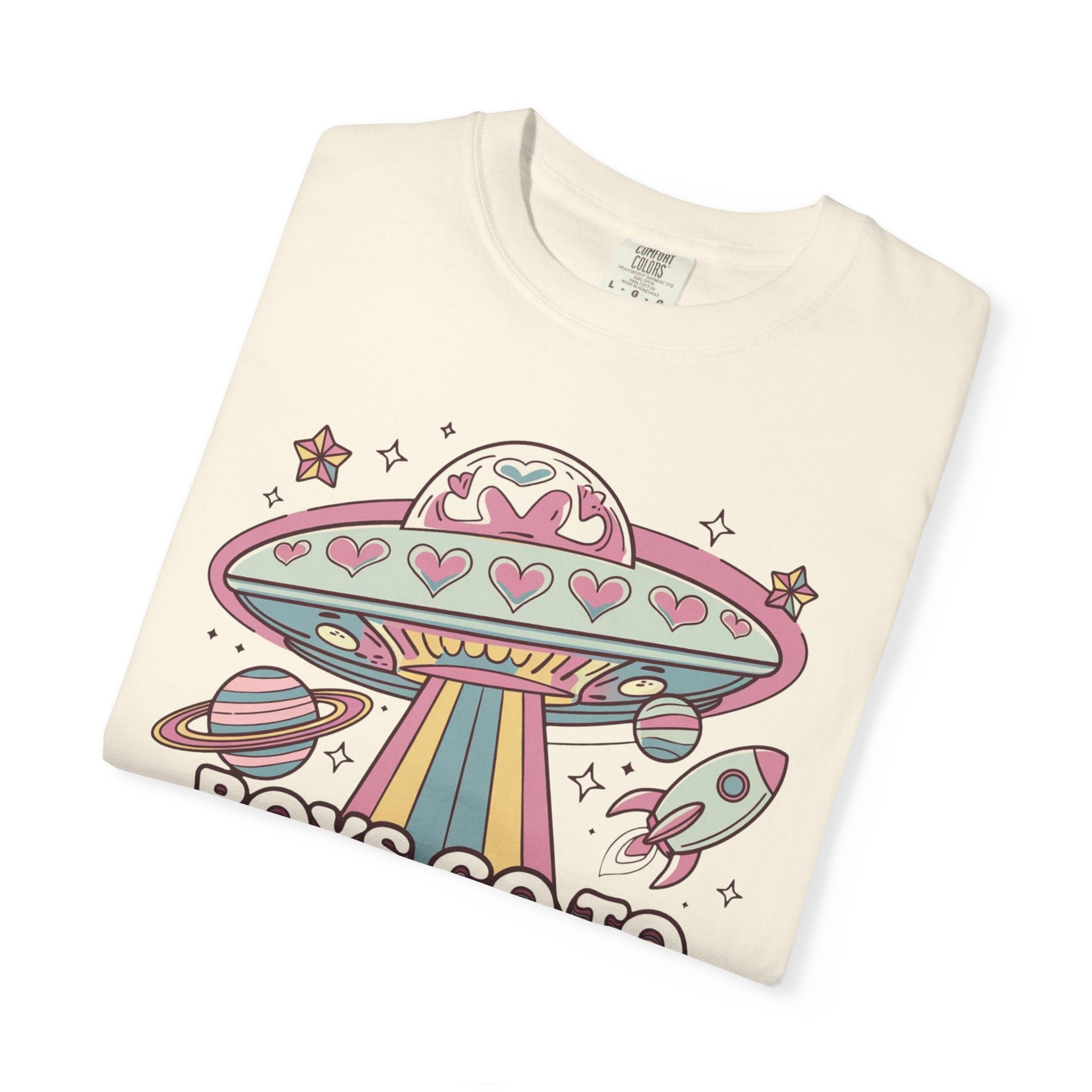 Boys Go to Jupiter Graphic Tee – Retro Space Valentine Shirt for Women | Fun UFO Heart