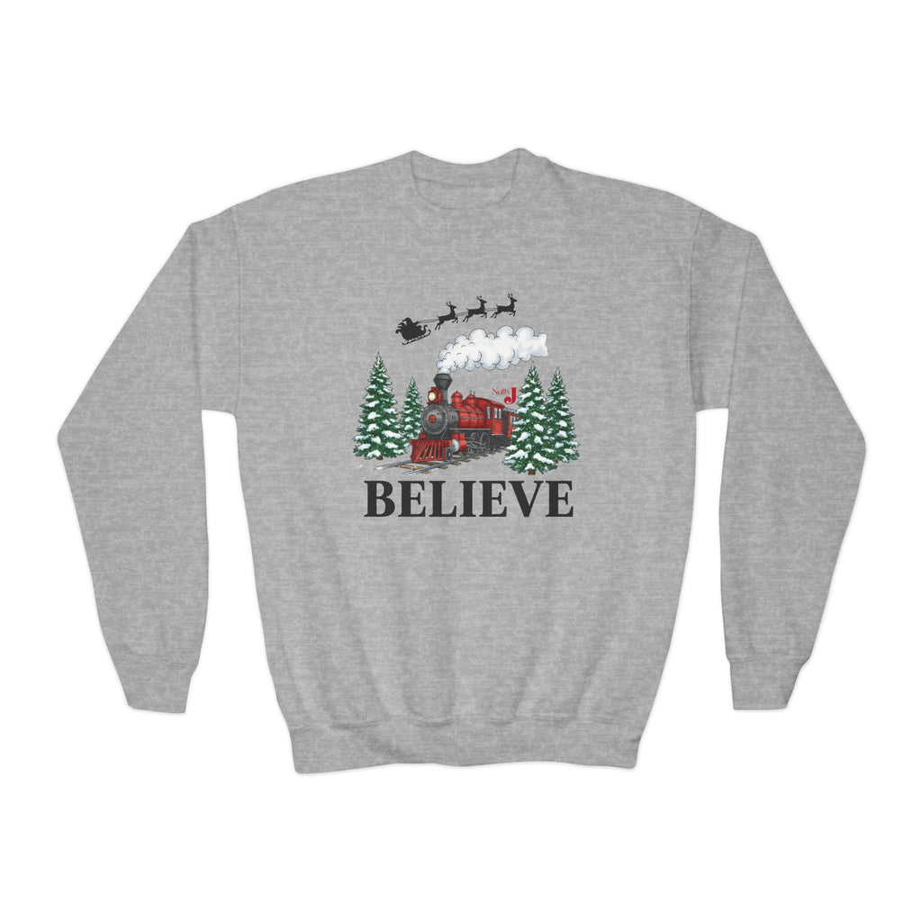 Kids Believe Christmas Sweatshirt – Holiday Train & Santa Sleigh Graphic – Girls & Boys Christmas Crewneck – Cozy Winter Outfit for Children