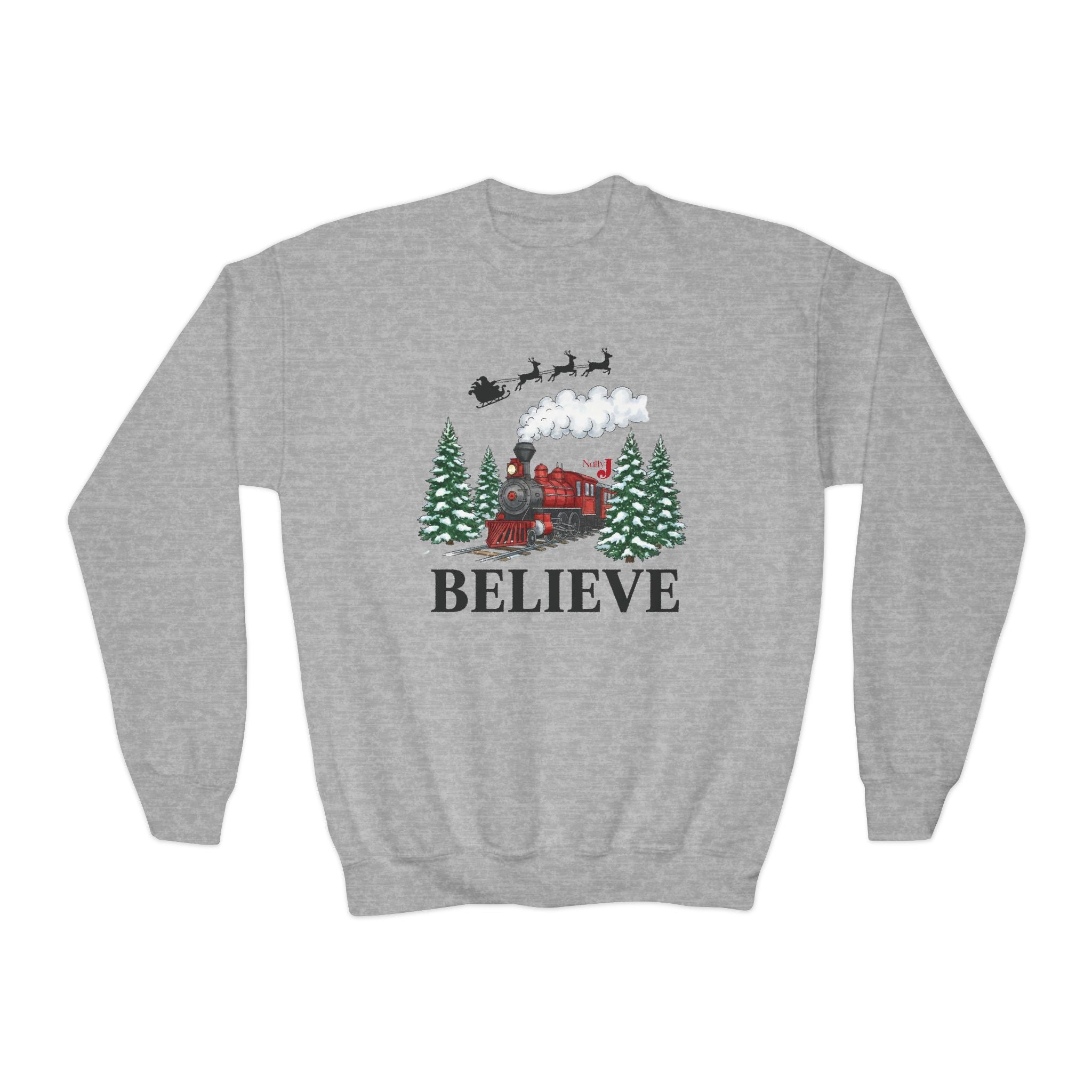 Kids Believe Christmas Sweatshirt – Holiday Train & Santa Sleigh Graphic – Girls & Boys Christmas Crewneck – Cozy Winter Outfit for Children