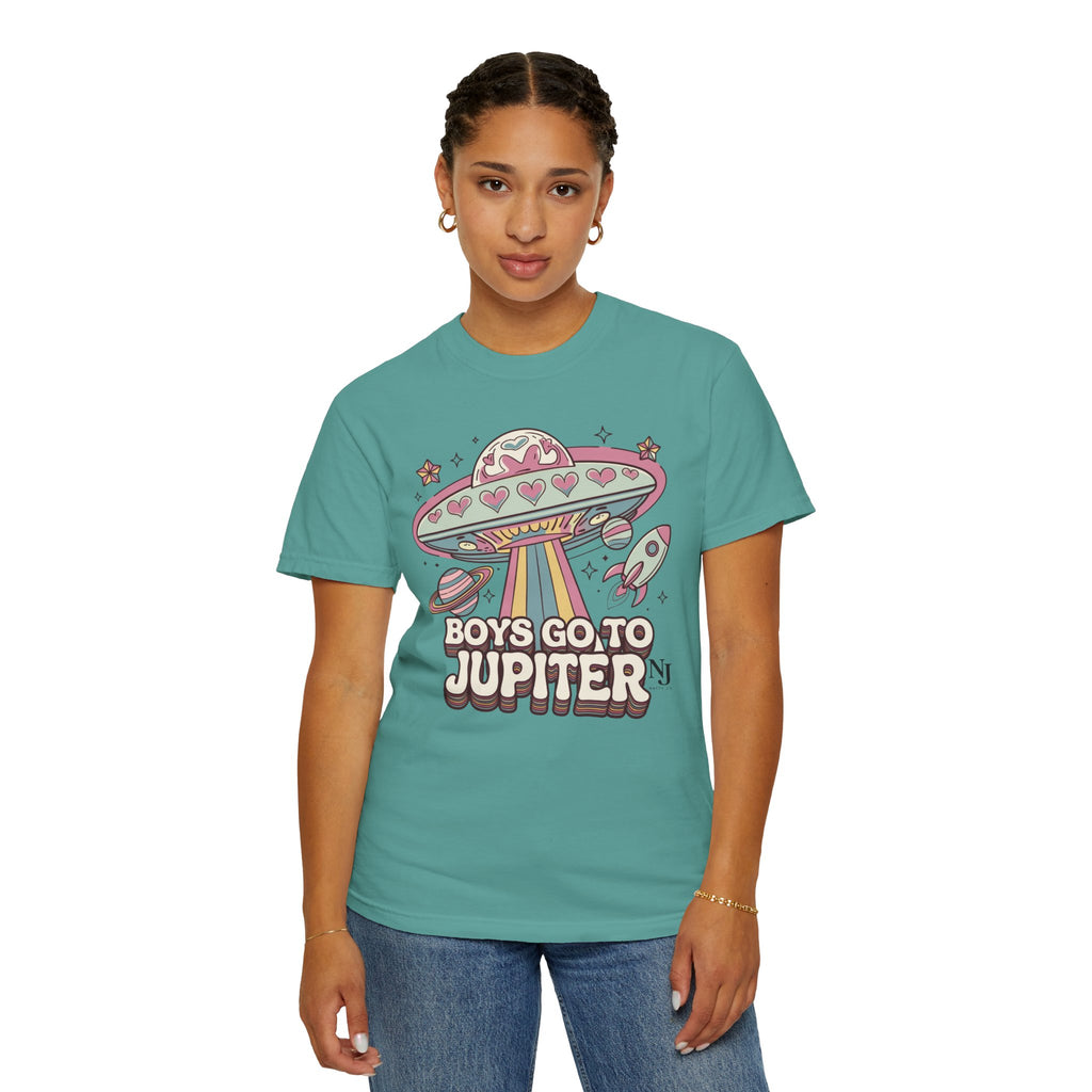 Boys Go to Jupiter Graphic Tee – Retro Space Valentine Shirt for Women | Fun UFO Heart