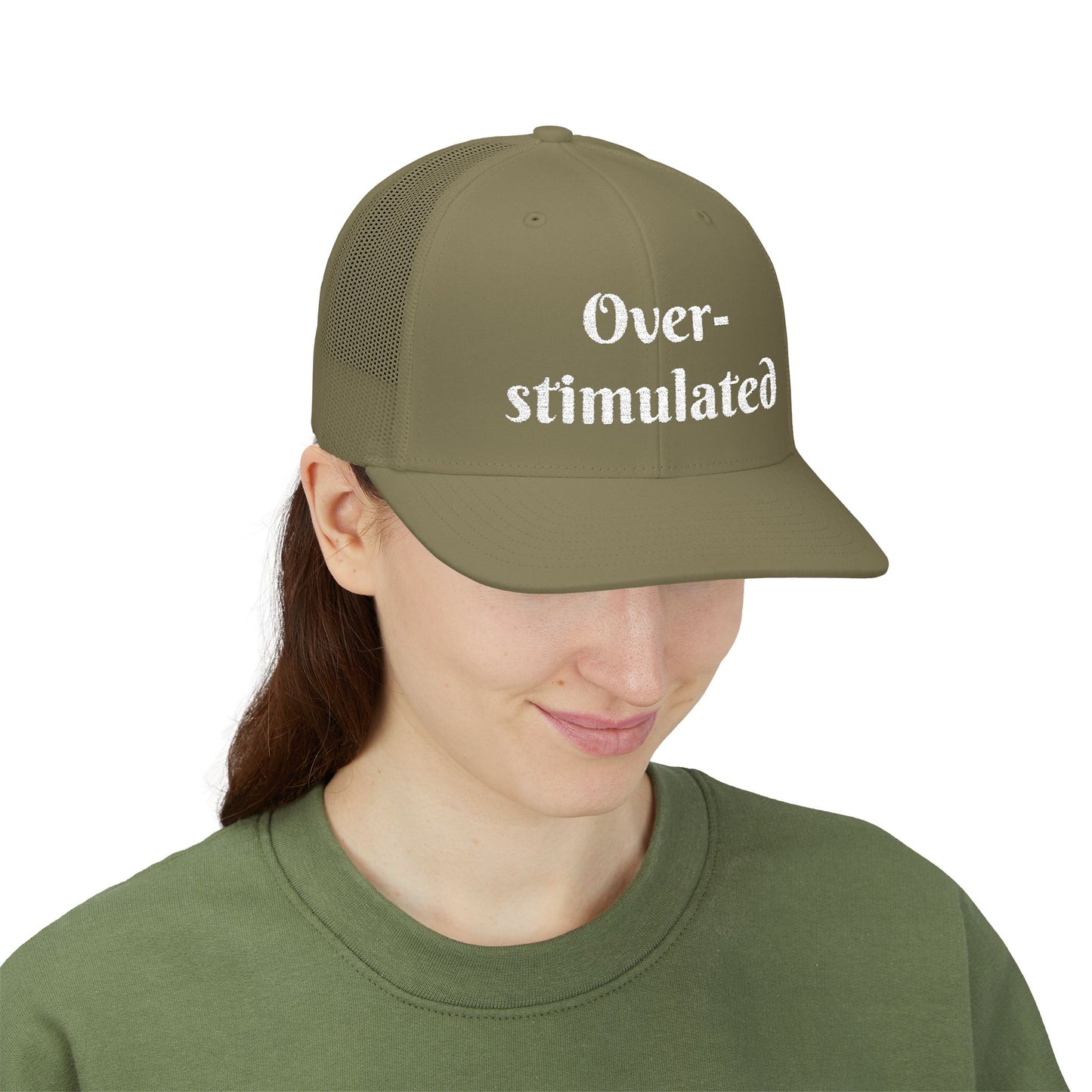 "Overstimulated" Embroidered Snapback Trucker Cap, Funny Cap for Anxiety Relief, Gift for Mental Health Awareness, Casual Style, Unisex Hat