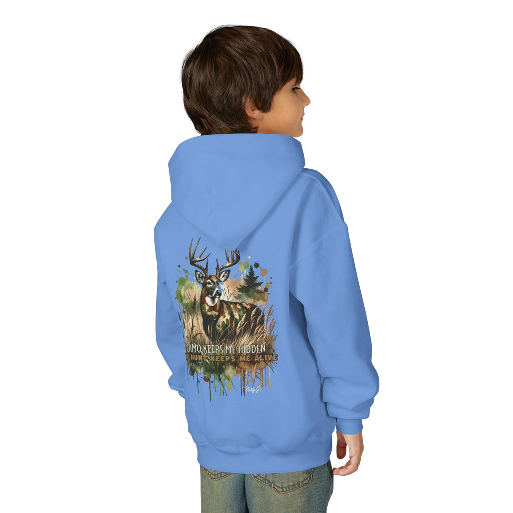 Youth Camo Keeps Me Hidden Hoodie – Deer Hunting Graphic Hoodie for Kids | Natty J’s Outdoor Apparel