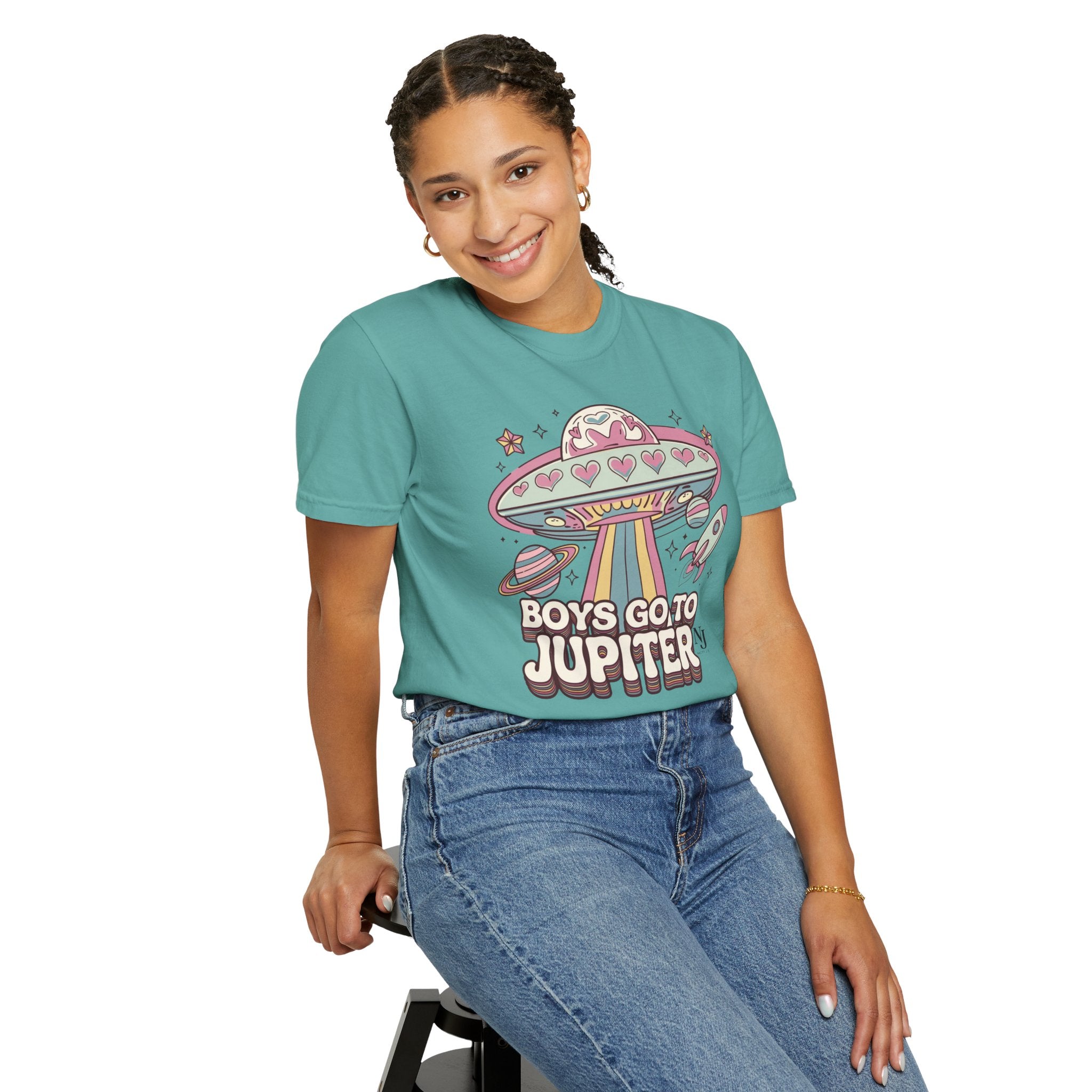 Boys Go to Jupiter Graphic Tee – Retro Space Valentine Shirt for Women | Fun UFO Heart