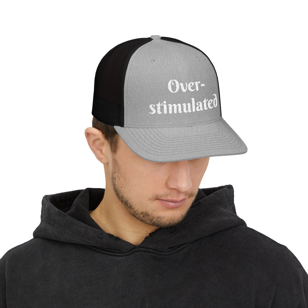 "Overstimulated" Embroidered Snapback Trucker Cap, Funny Cap for Anxiety Relief, Gift for Mental Health Awareness, Casual Style, Unisex Hat