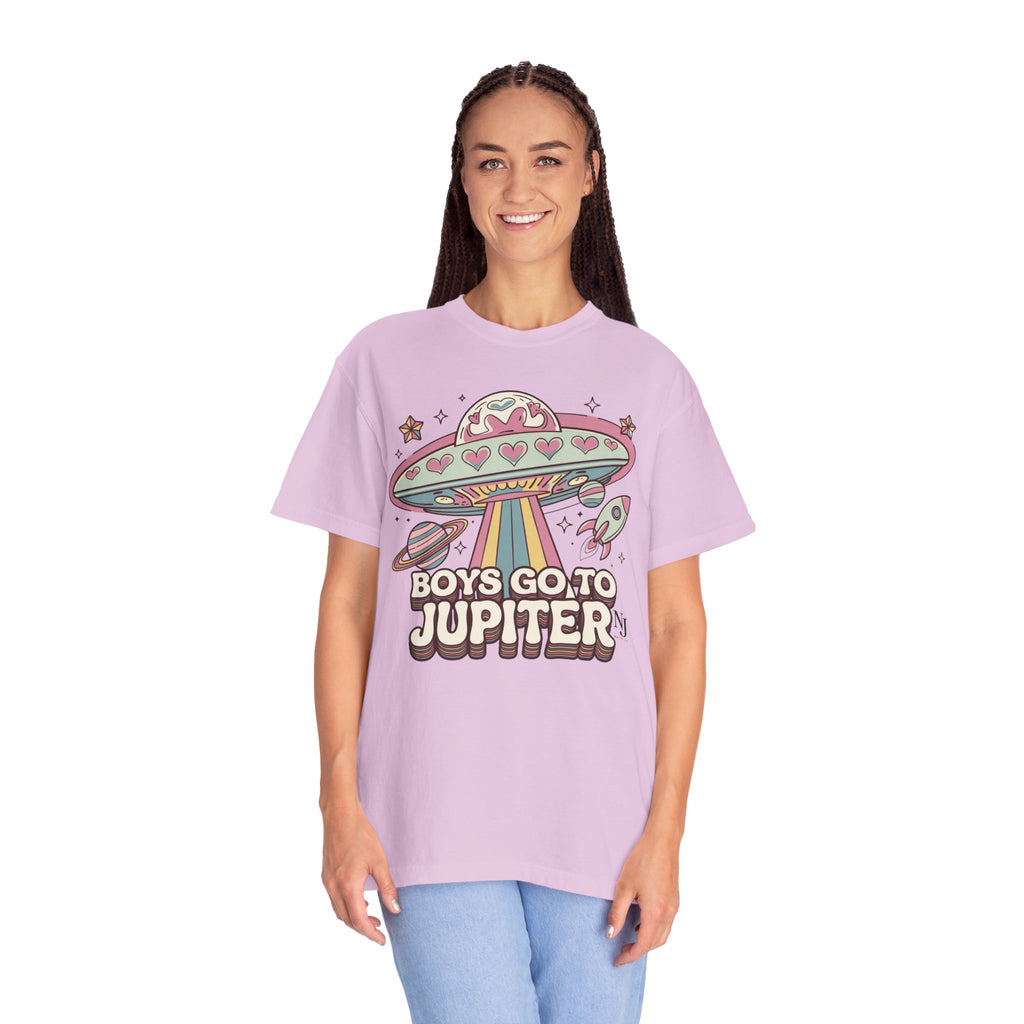 Boys Go to Jupiter Graphic Tee – Retro Space Valentine Shirt for Women | Fun UFO Heart