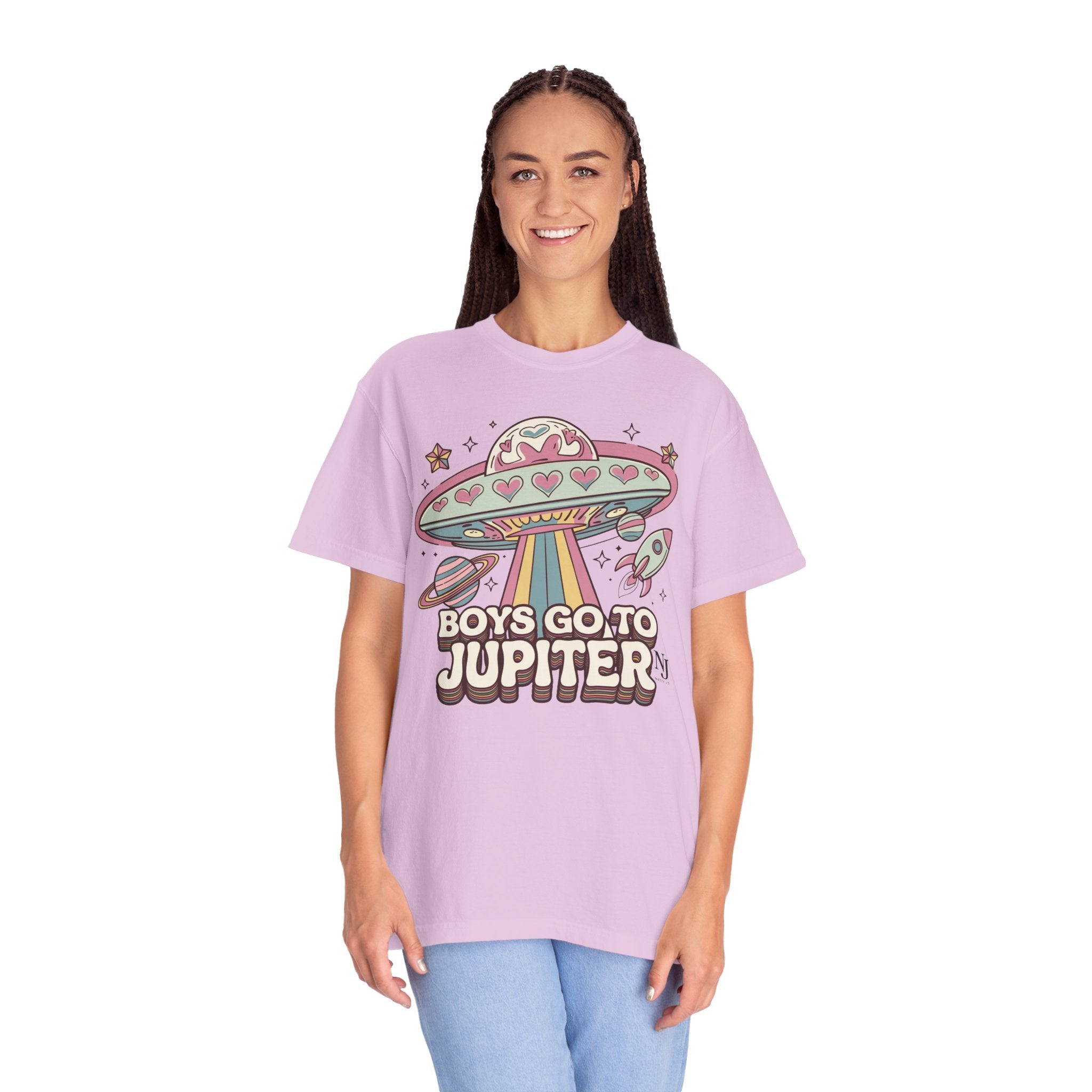 Boys Go to Jupiter Graphic Tee – Retro Space Valentine Shirt for Women | Fun UFO Heart