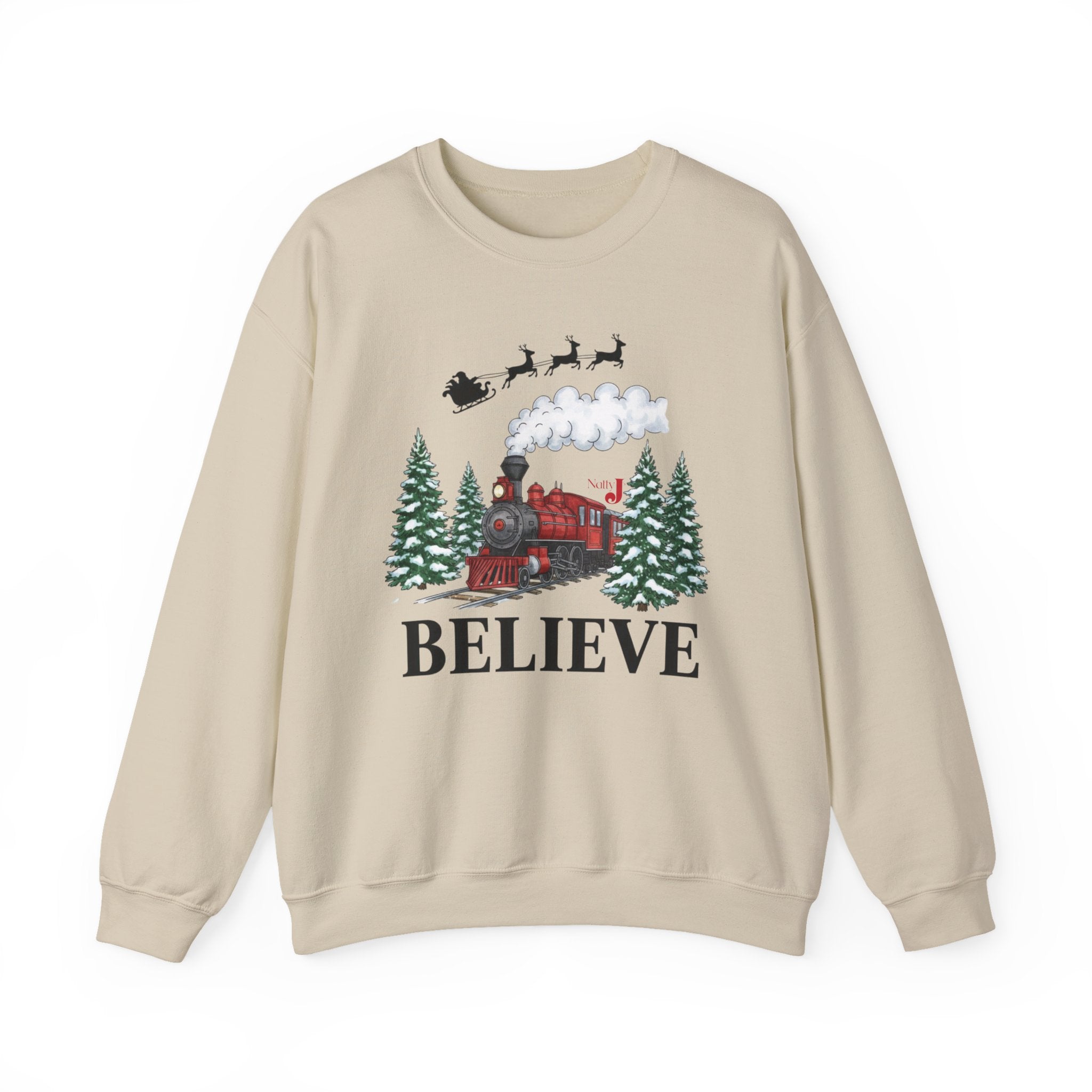 Women’s Believe Christmas Sweatshirt – Festive Holiday Train & Santa Sleigh Crewneck – Cozy Winter Graphic Sweatshirt for Women – Christmas Outfit Top