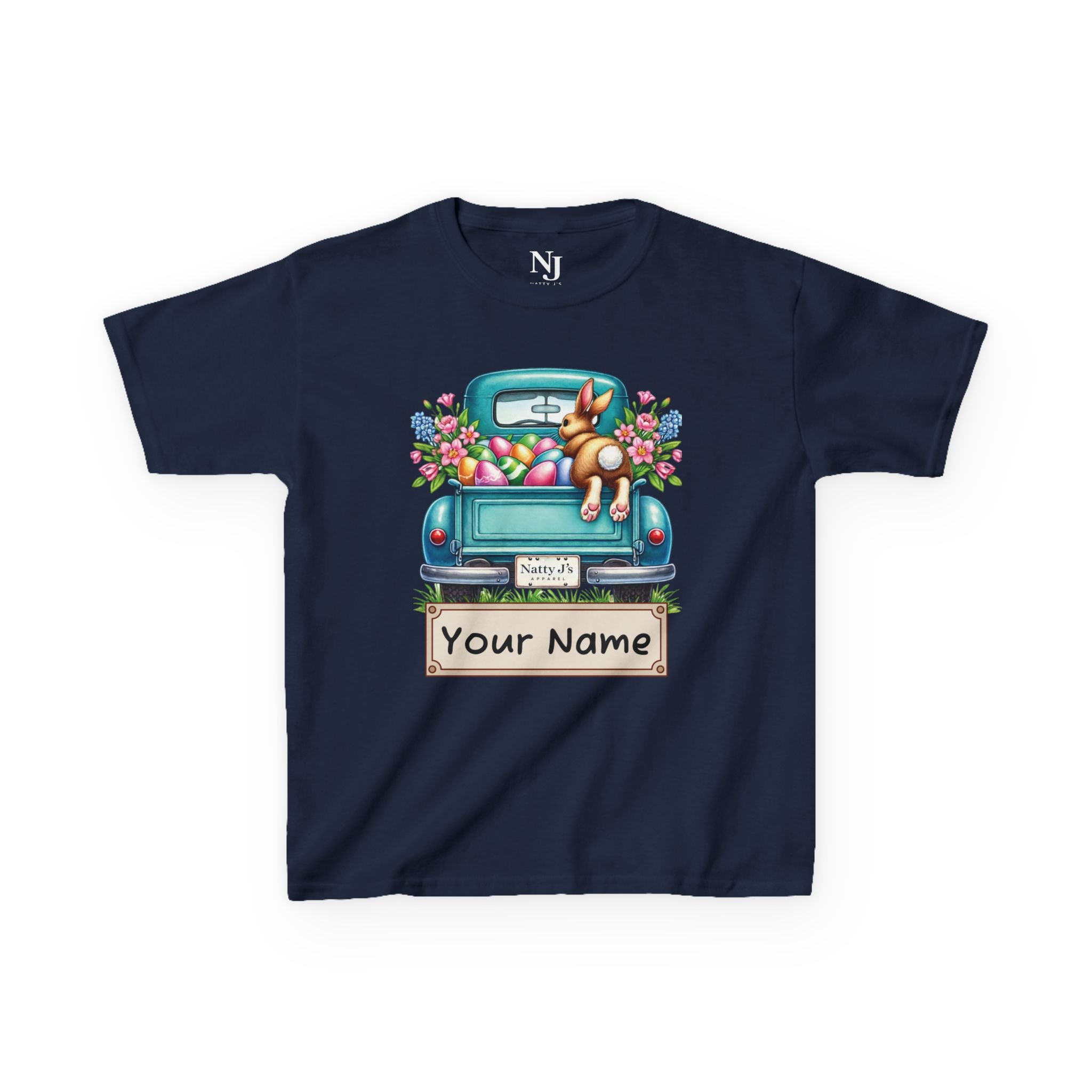 Navy blue t-shirt with a graphic of a blue truck, dog, and Easter eggs on a white background.
