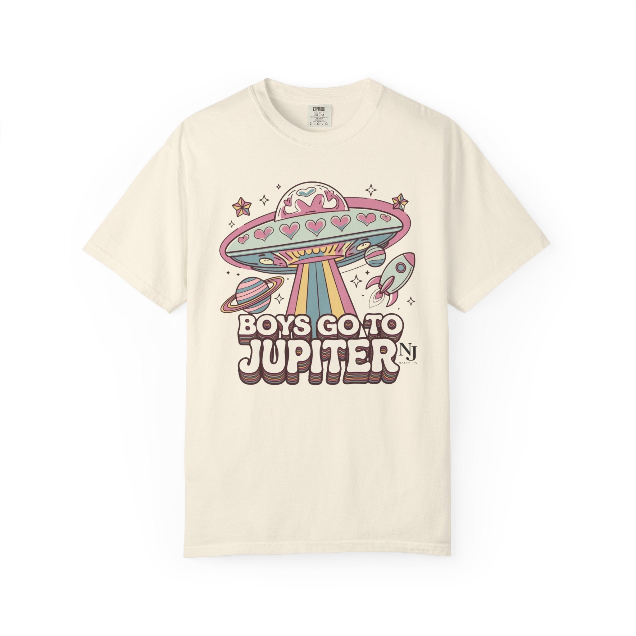 Boys Go to Jupiter Graphic Tee – Retro Space Valentine Shirt for Women | Fun UFO Heart