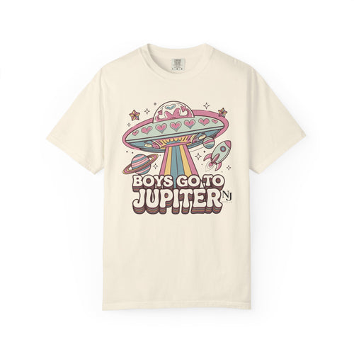 Boys Go to Jupiter Graphic Tee – Retro Space Valentine Shirt for Women | Fun UFO Heart