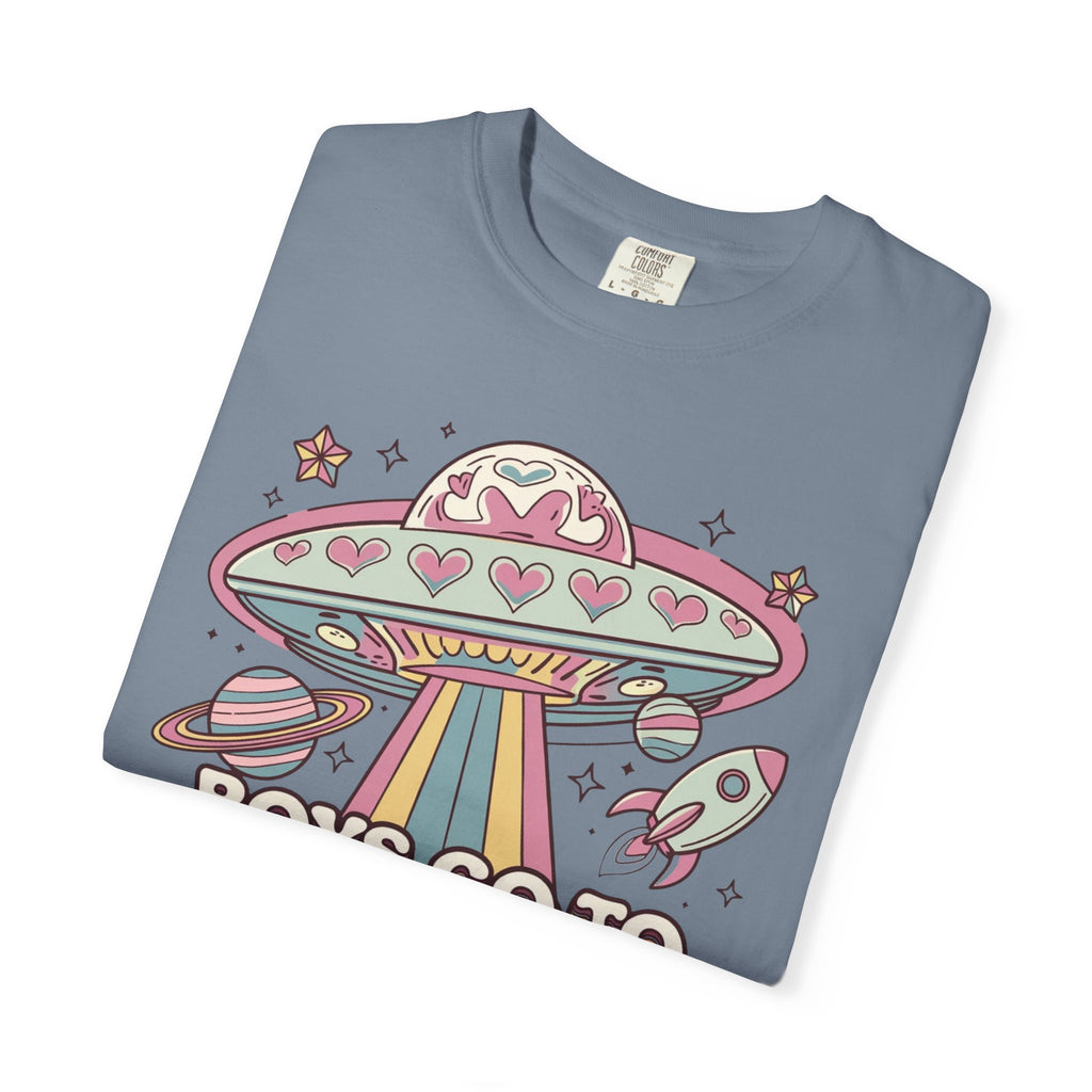 Boys Go to Jupiter Graphic Tee – Retro Space Valentine Shirt for Women | Fun UFO Heart