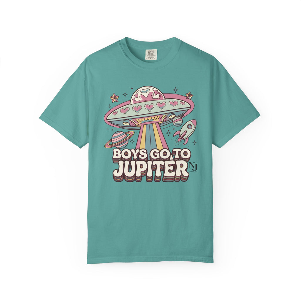 Boys Go to Jupiter Graphic Tee – Retro Space Valentine Shirt for Women | Fun UFO Heart