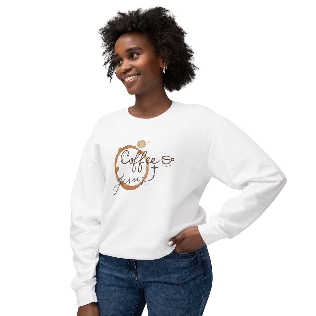 Coffee Jesus Lover's Unisex Lightweight Crewneck Sweatshirt, Cozy Gift for Coffee Enthusiasts, Casual Wear, Perfect Fall, Thanksgiving