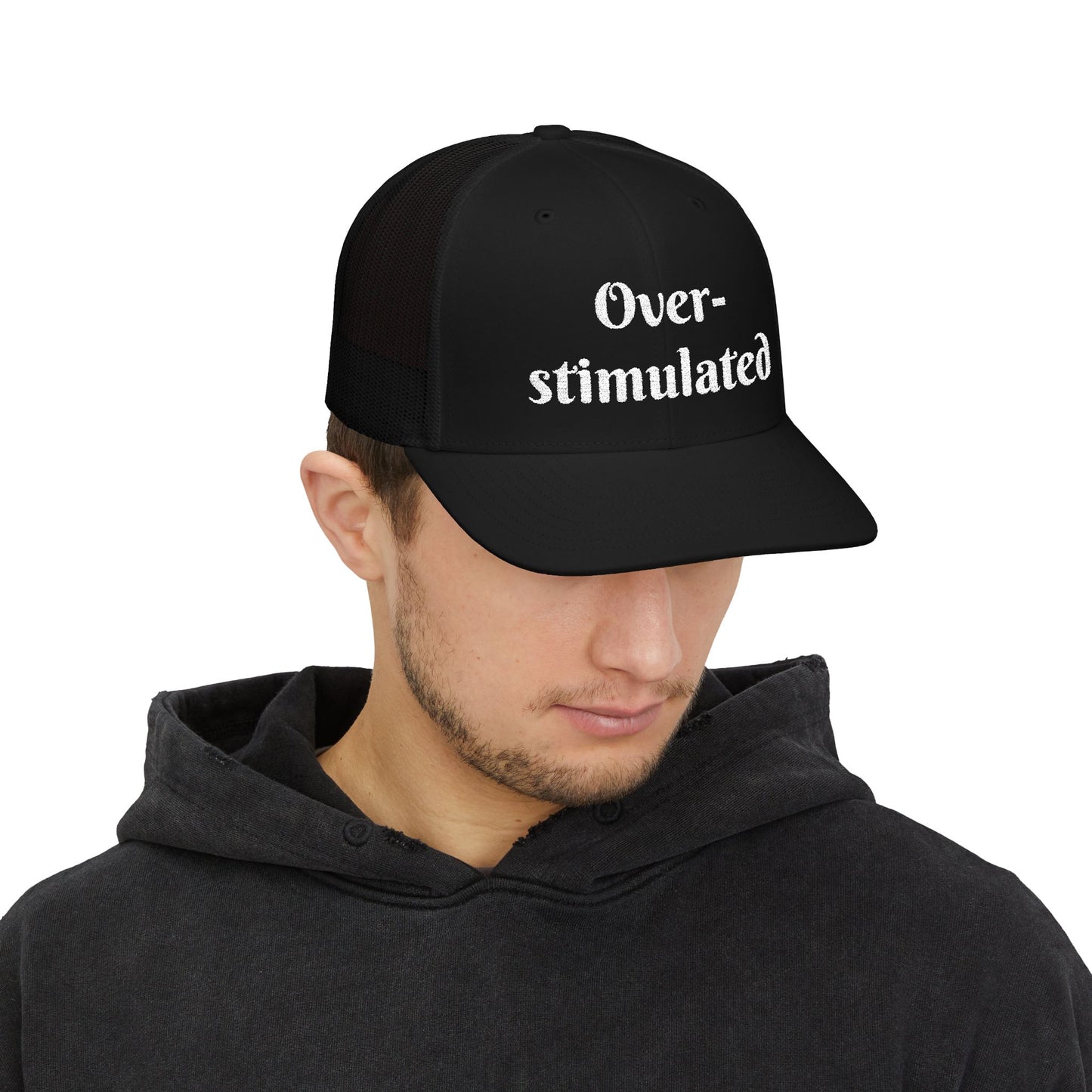 "Overstimulated" Embroidered Snapback Trucker Cap, Funny Cap for Anxiety Relief, Gift for Mental Health Awareness, Casual Style, Unisex Hat