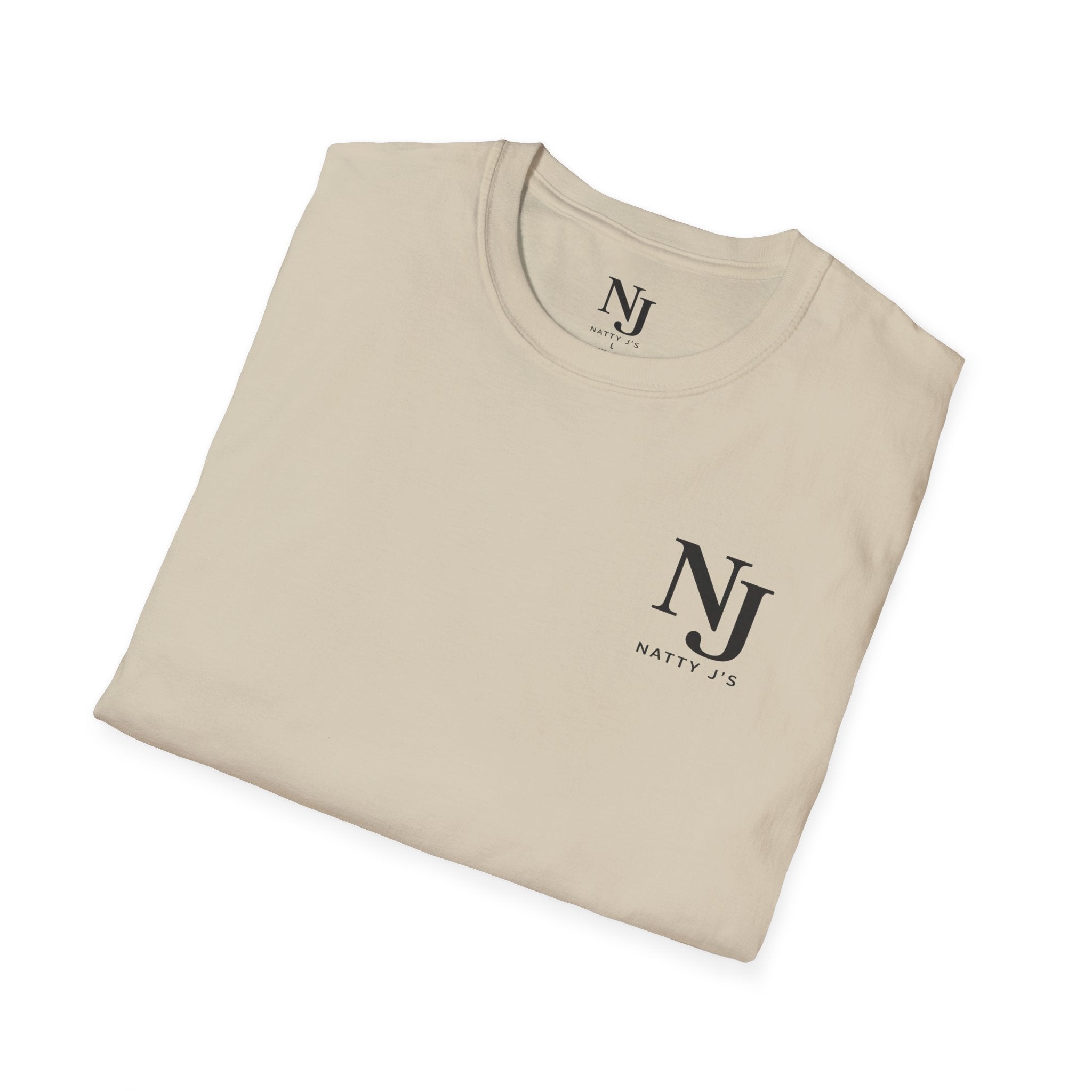 Folded beige t-shirt with 'Natty J's' logo on a white background