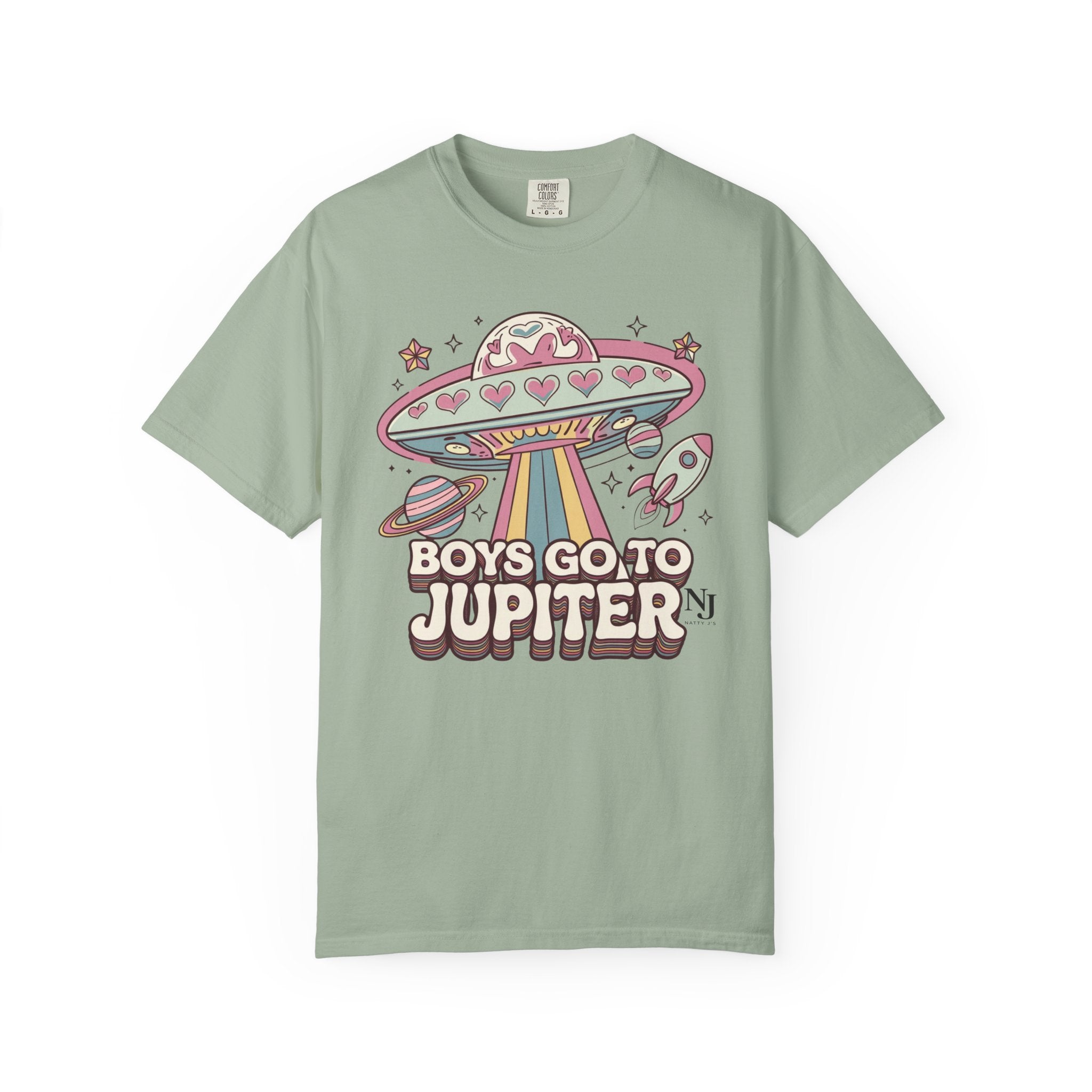 Boys Go to Jupiter Graphic Tee – Retro Space Valentine Shirt for Women | Fun UFO Heart