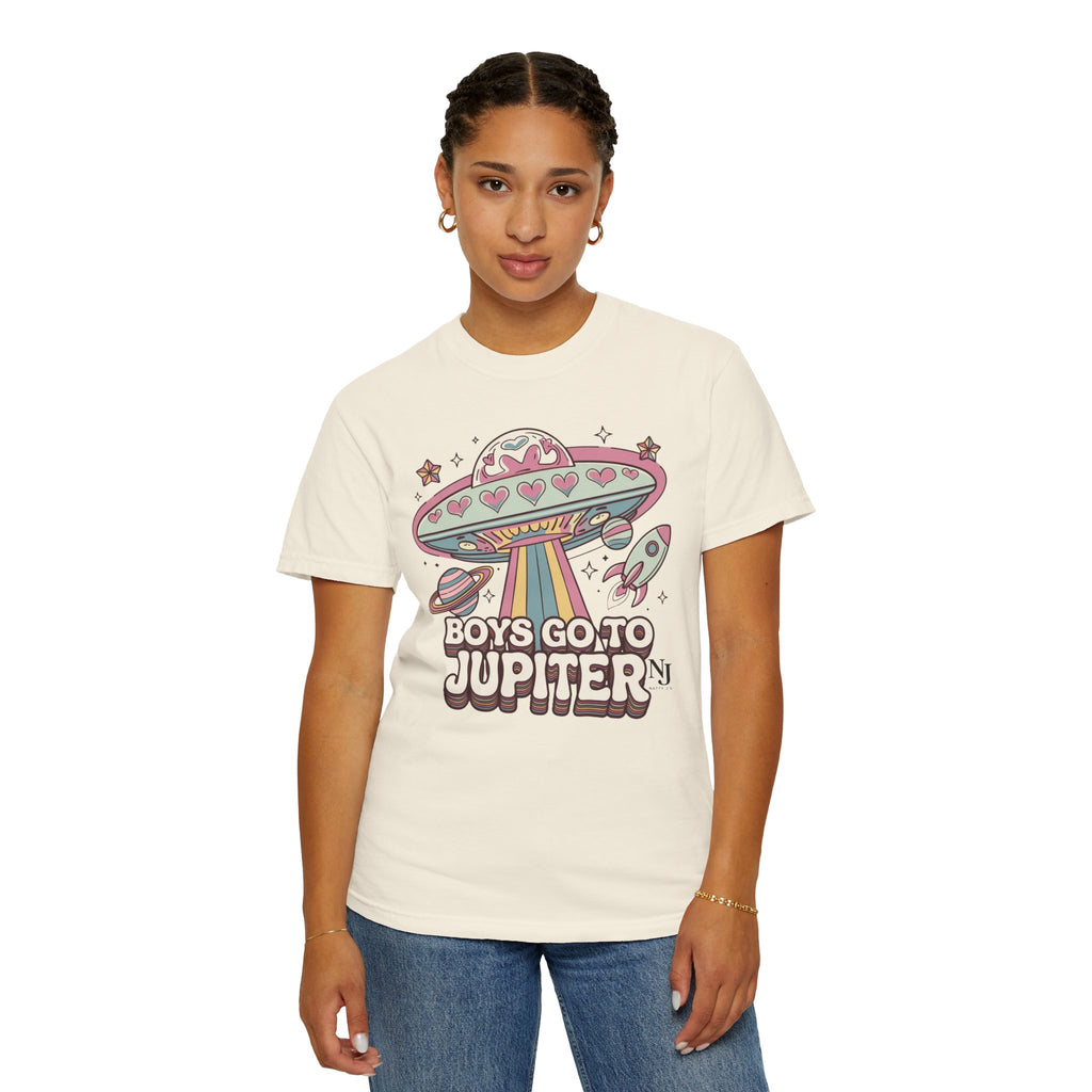 Boys Go to Jupiter Graphic Tee – Retro Space Valentine Shirt for Women | Fun UFO Heart
