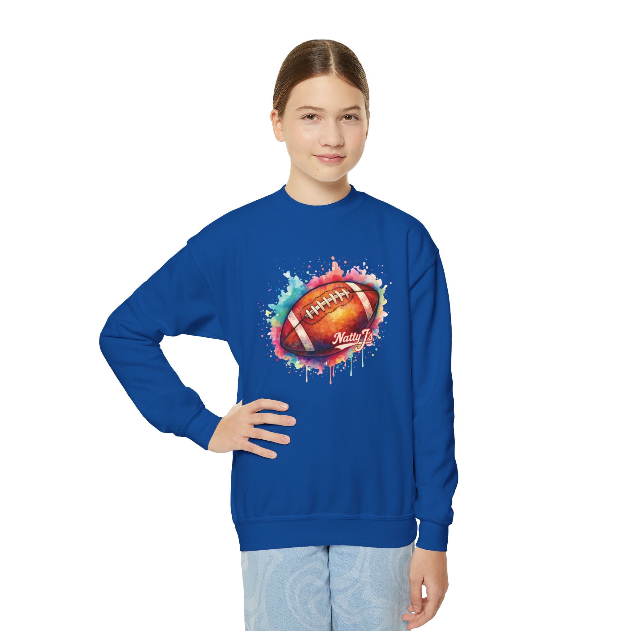 Youth Color Splash Football Crewneck Sweatshirt – Colorful Watercolor Football Design