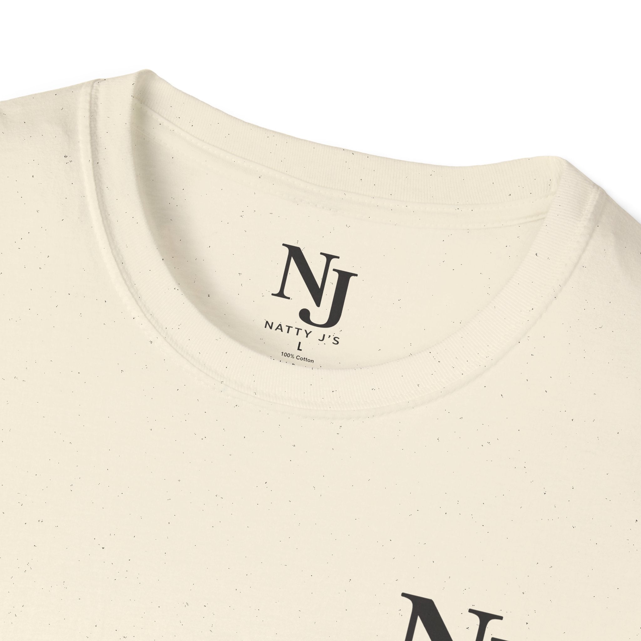 Close-up of a beige t-shirt with 'NJ' logo and text on a white background