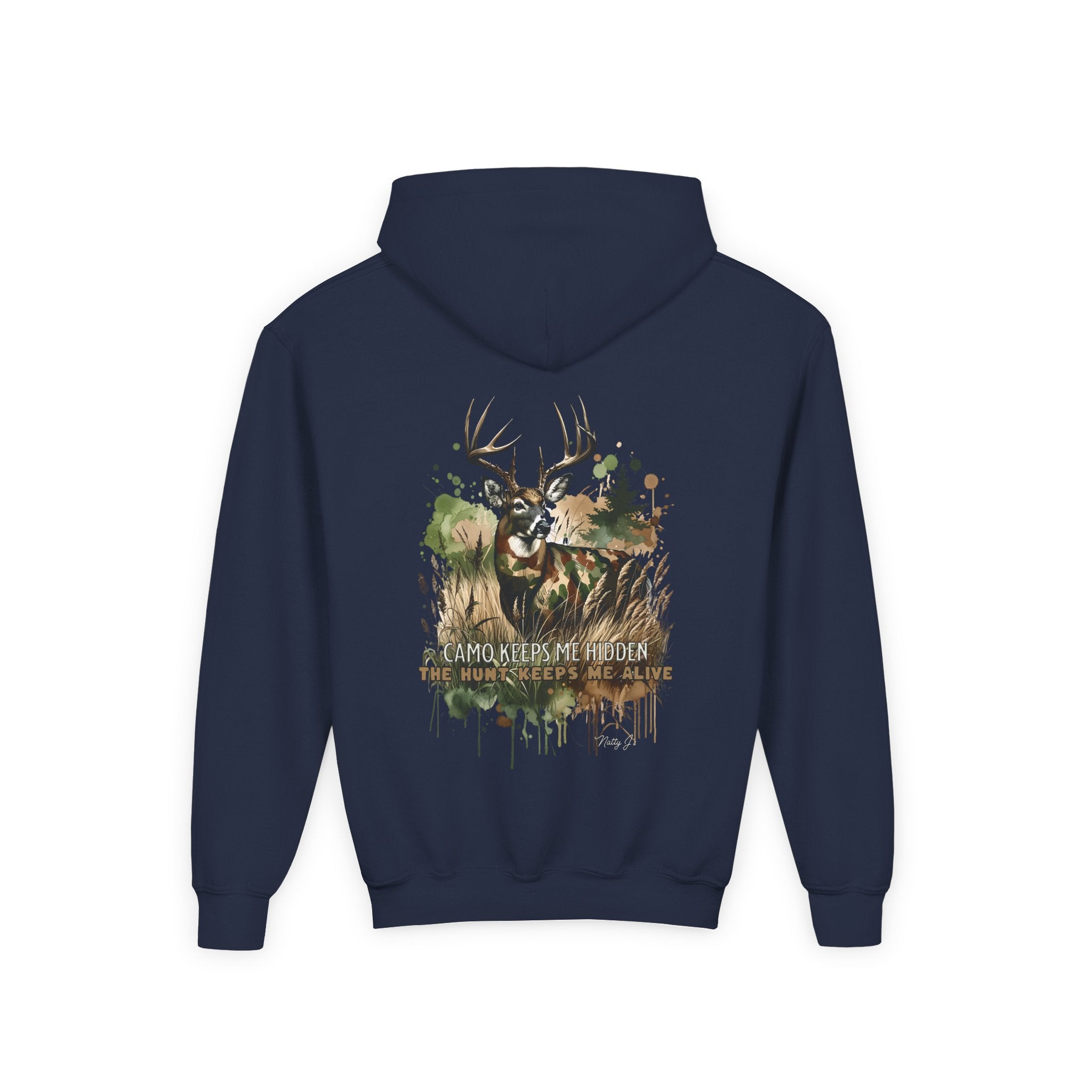 Youth Camo Keeps Me Hidden Hoodie – Deer Hunting Graphic Hoodie for Kids | Natty J’s Outdoor Apparel