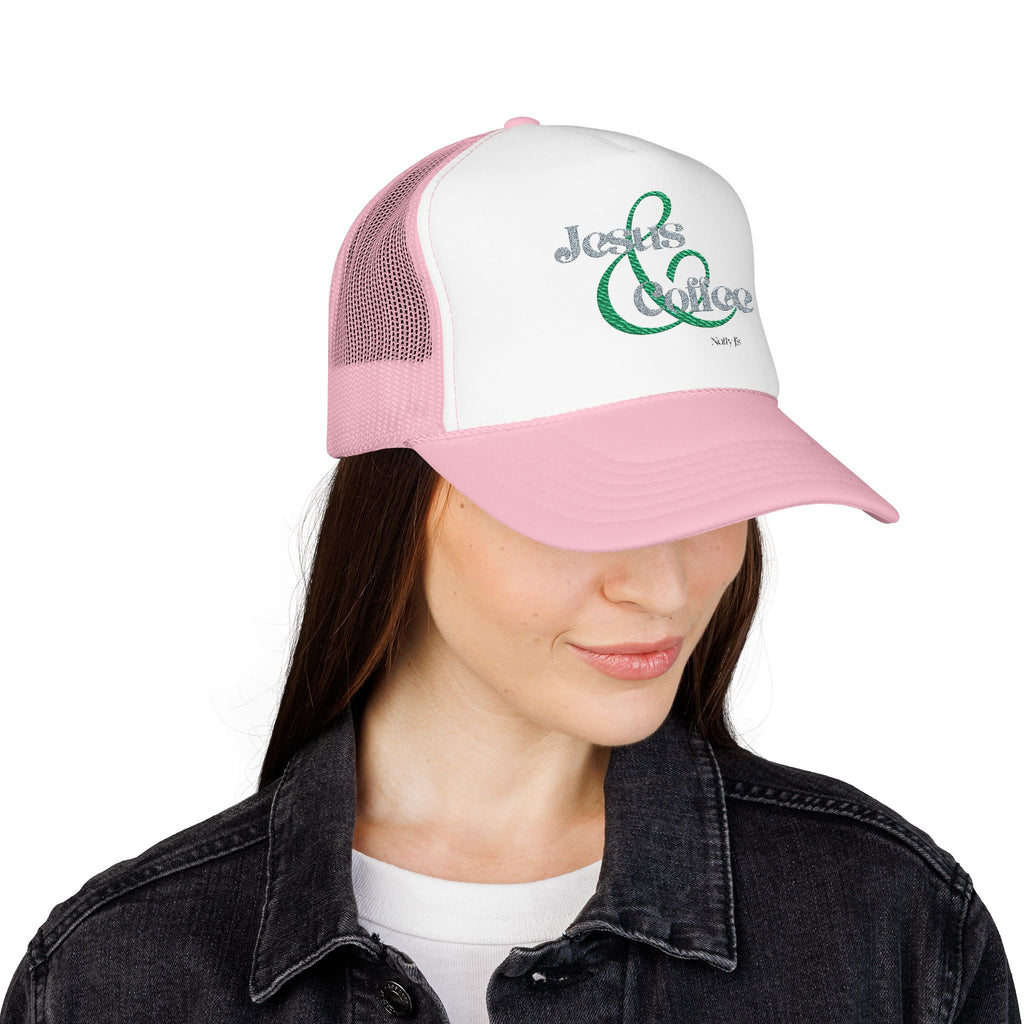 Embroidered Jesus & Coffee Foam Trucker Hat