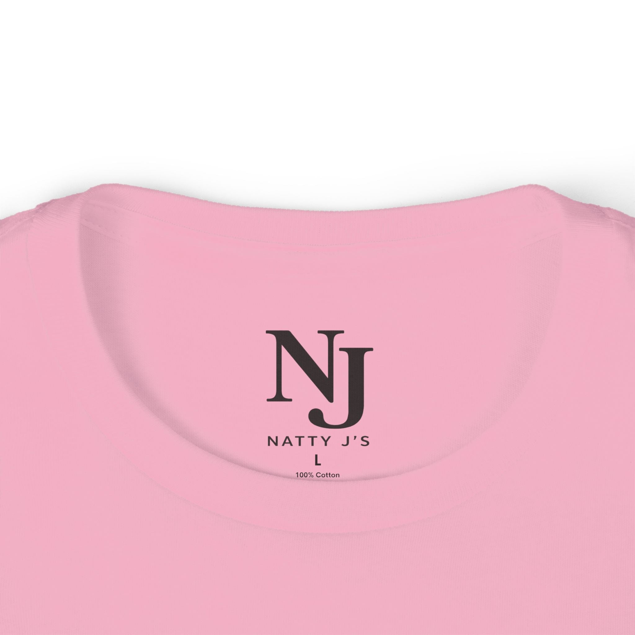 Pink t-shirt with 'NJ' logo and text on a white background