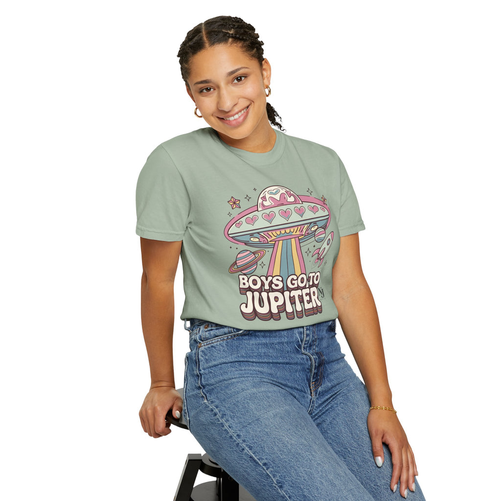 Boys Go to Jupiter Graphic Tee – Retro Space Valentine Shirt for Women | Fun UFO Heart