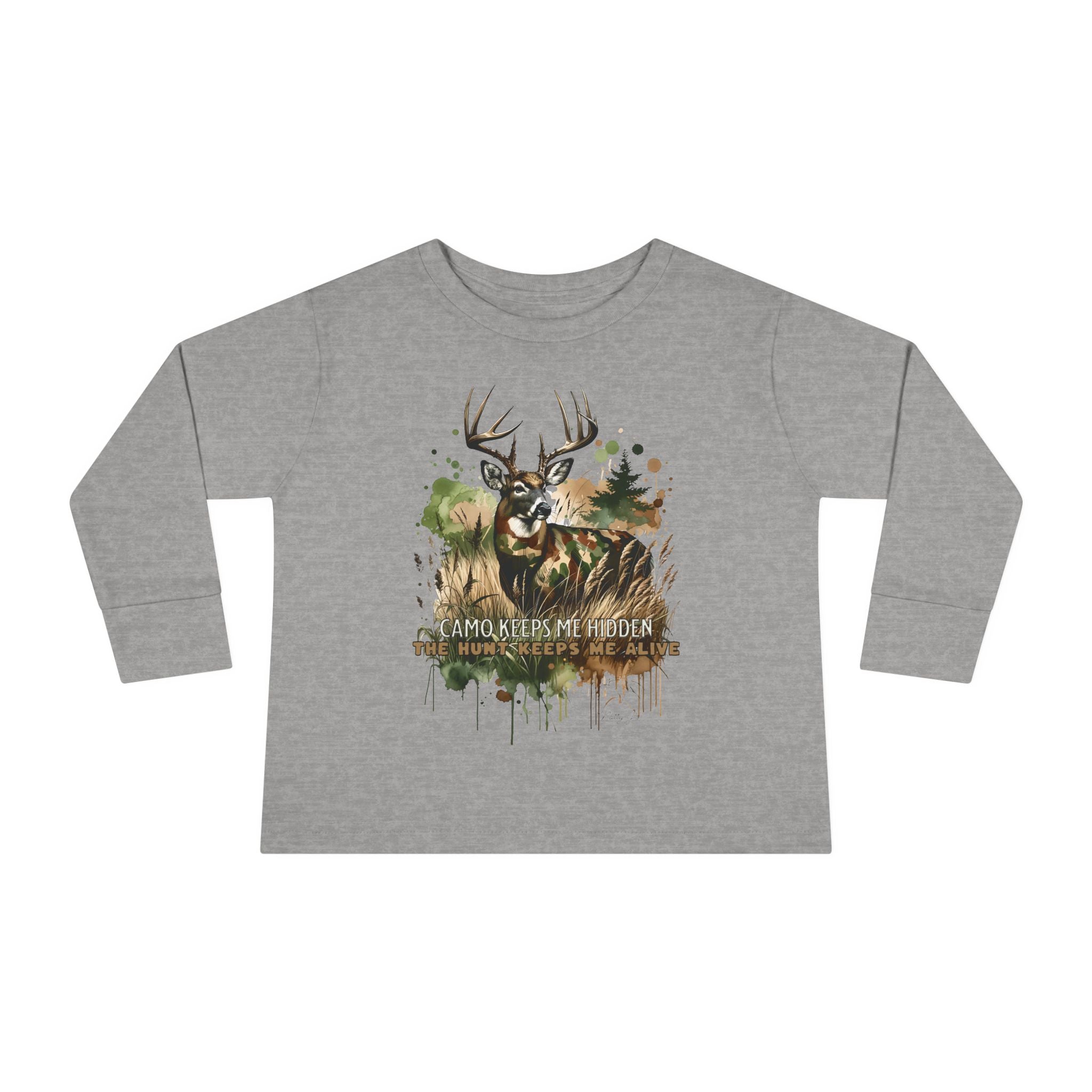 Toddler Camo Keeps Me Hidden Long Sleeve Shirt – Deer Hunting Graphic Long Sleeve Tee | Natty J’s