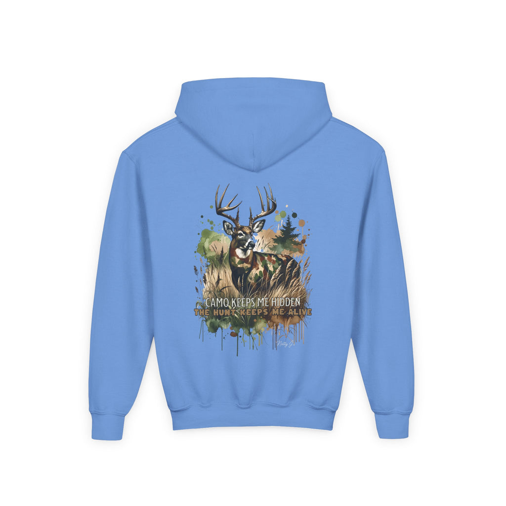 Youth Camo Keeps Me Hidden Hoodie – Deer Hunting Graphic Hoodie for Kids | Natty J’s Outdoor Apparel