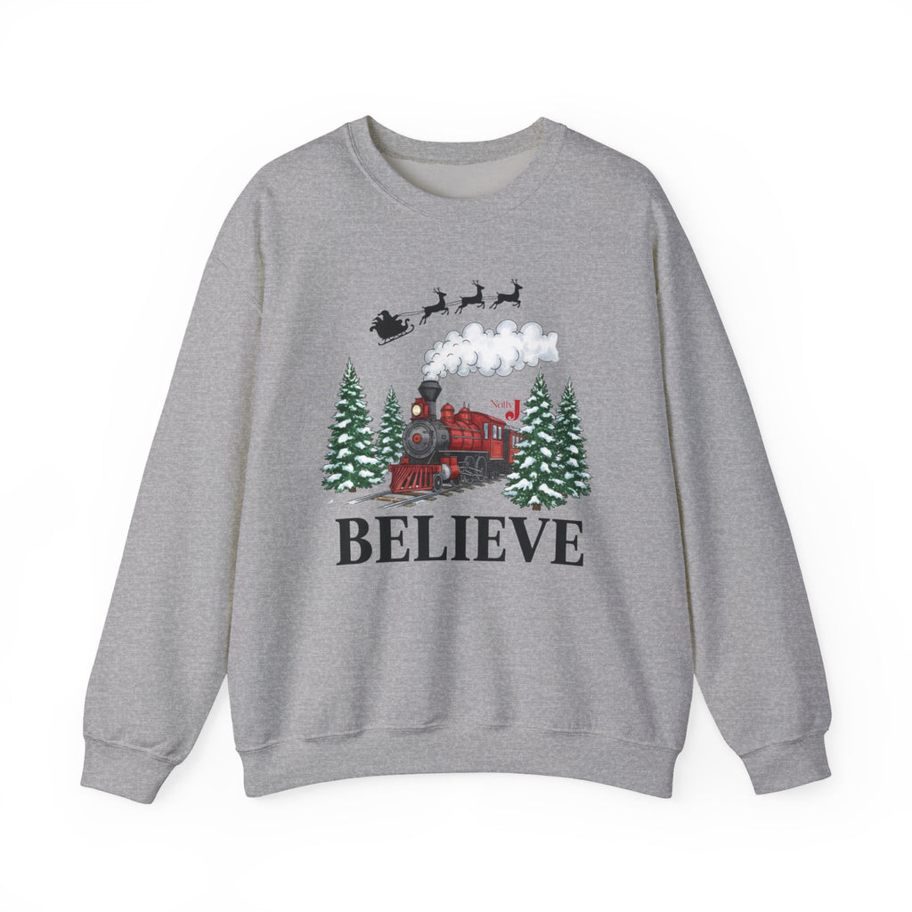 Women’s Believe Christmas Sweatshirt – Festive Holiday Train & Santa Sleigh Crewneck – Cozy Winter Graphic Sweatshirt for Women – Christmas Outfit Top
