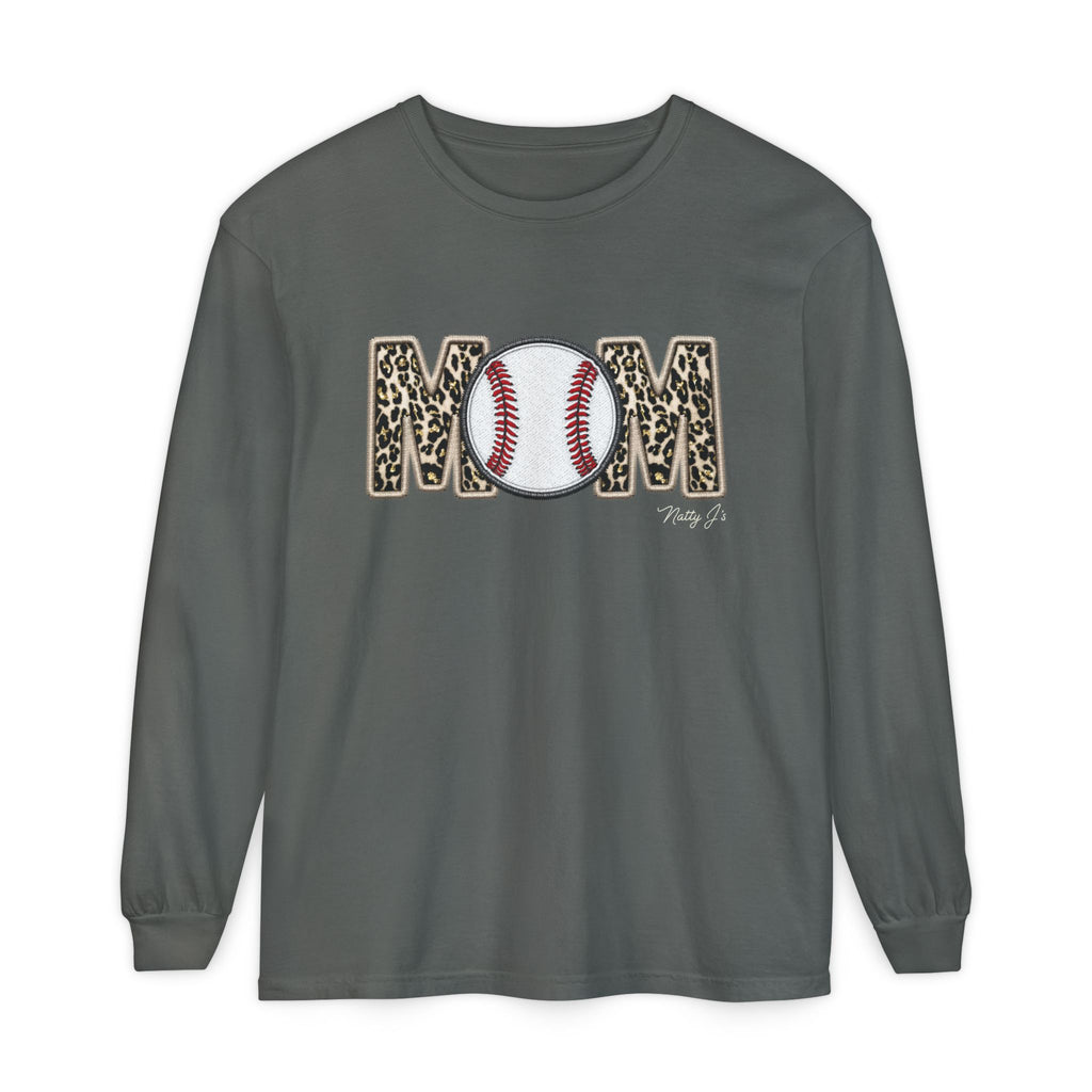 Natty J's Apparel Leopard Baseball MOM Long Sleeve T-Shirt