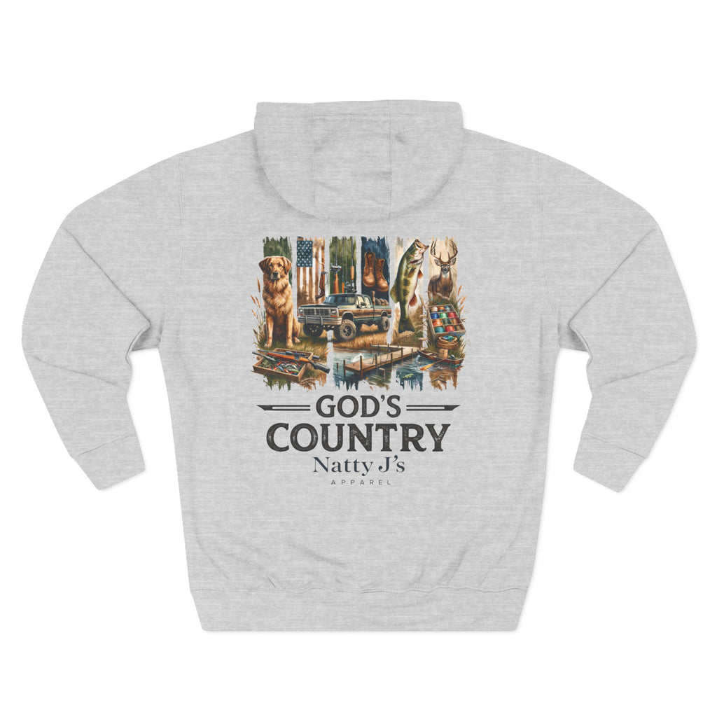 Gray hoodie with a graphic design on the back featuring text and images.