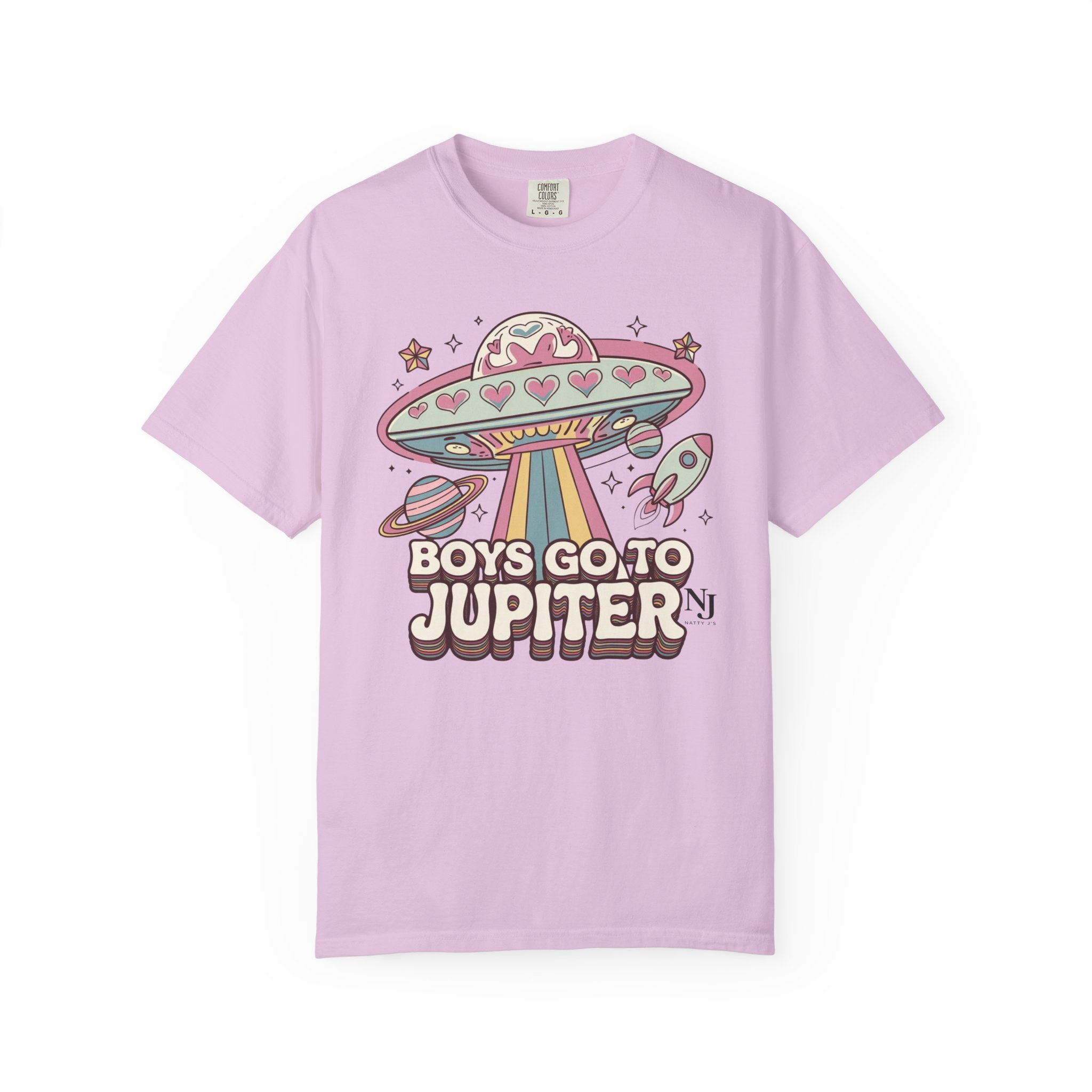 Boys Go to Jupiter Graphic Tee – Retro Space Valentine Shirt for Women | Fun UFO Heart