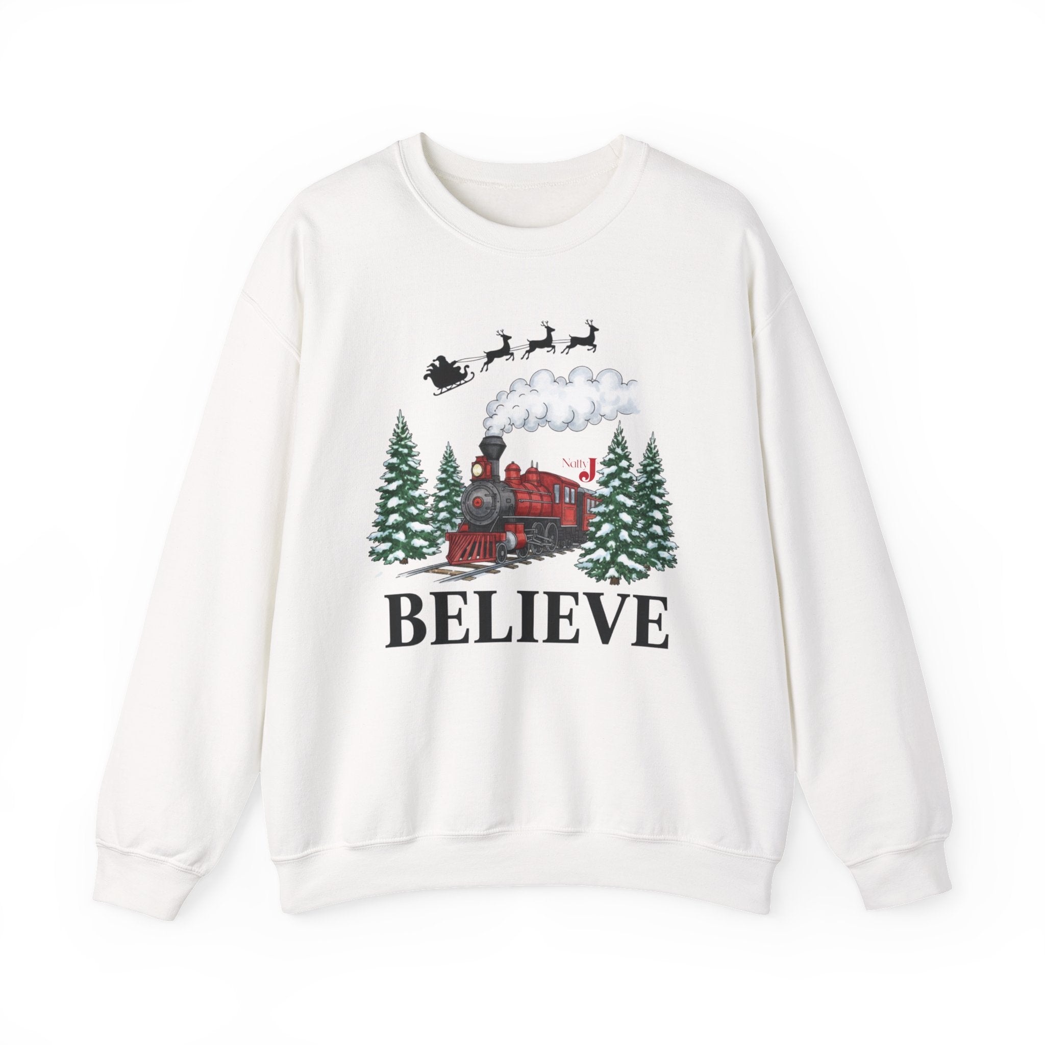 Women’s Believe Christmas Sweatshirt – Festive Holiday Train & Santa Sleigh Crewneck – Cozy Winter Graphic Sweatshirt for Women – Christmas Outfit Top