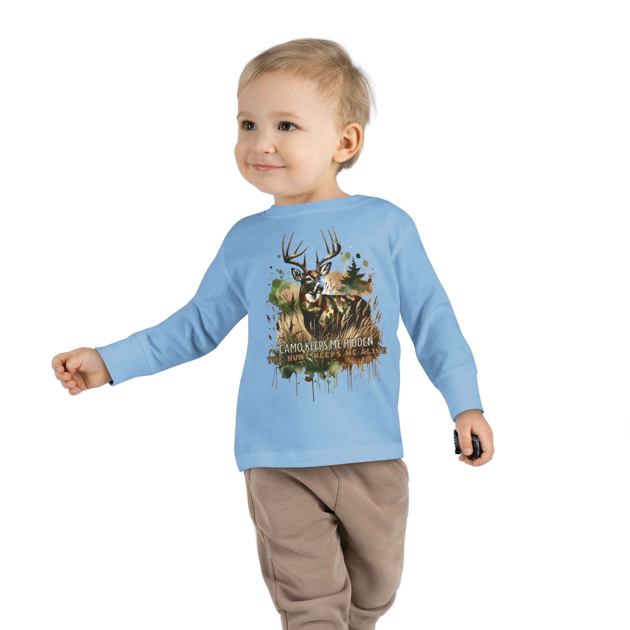 Toddler Camo Keeps Me Hidden Long Sleeve Shirt – Deer Hunting Graphic Long Sleeve Tee | Natty J’s