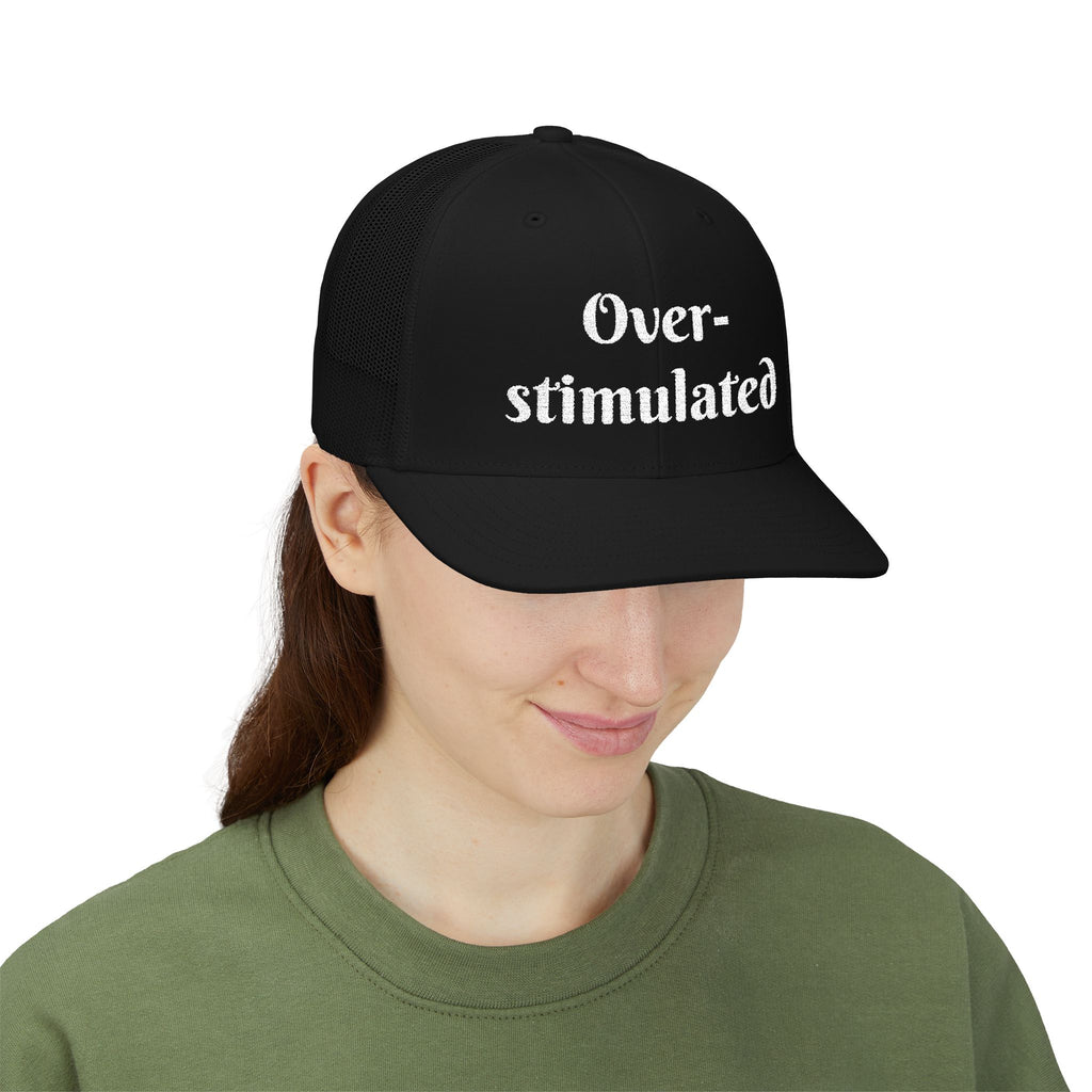 "Overstimulated" Embroidered Snapback Trucker Cap, Funny Cap for Anxiety Relief, Gift for Mental Health Awareness, Casual Style, Unisex Hat