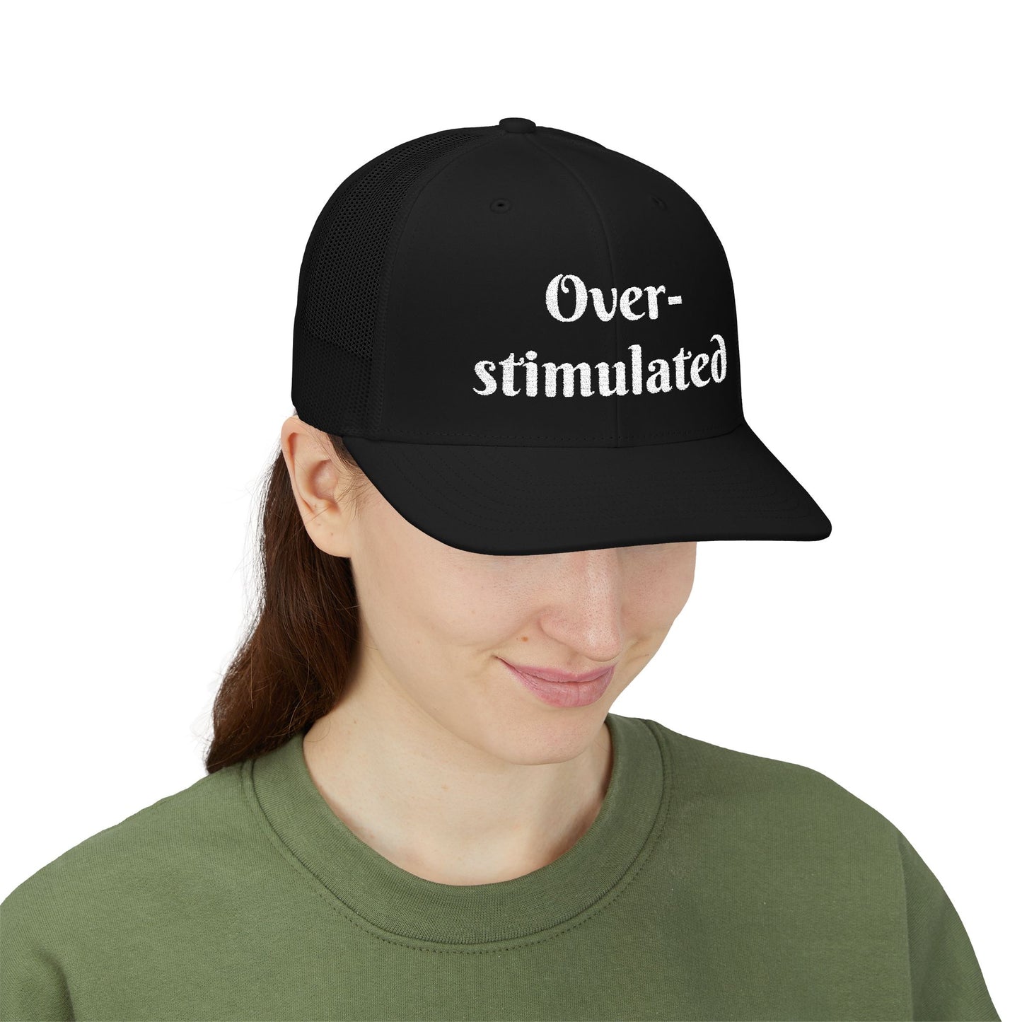 "Overstimulated" Embroidered Snapback Trucker Cap, Funny Cap for Anxiety Relief, Gift for Mental Health Awareness, Casual Style, Unisex Hat