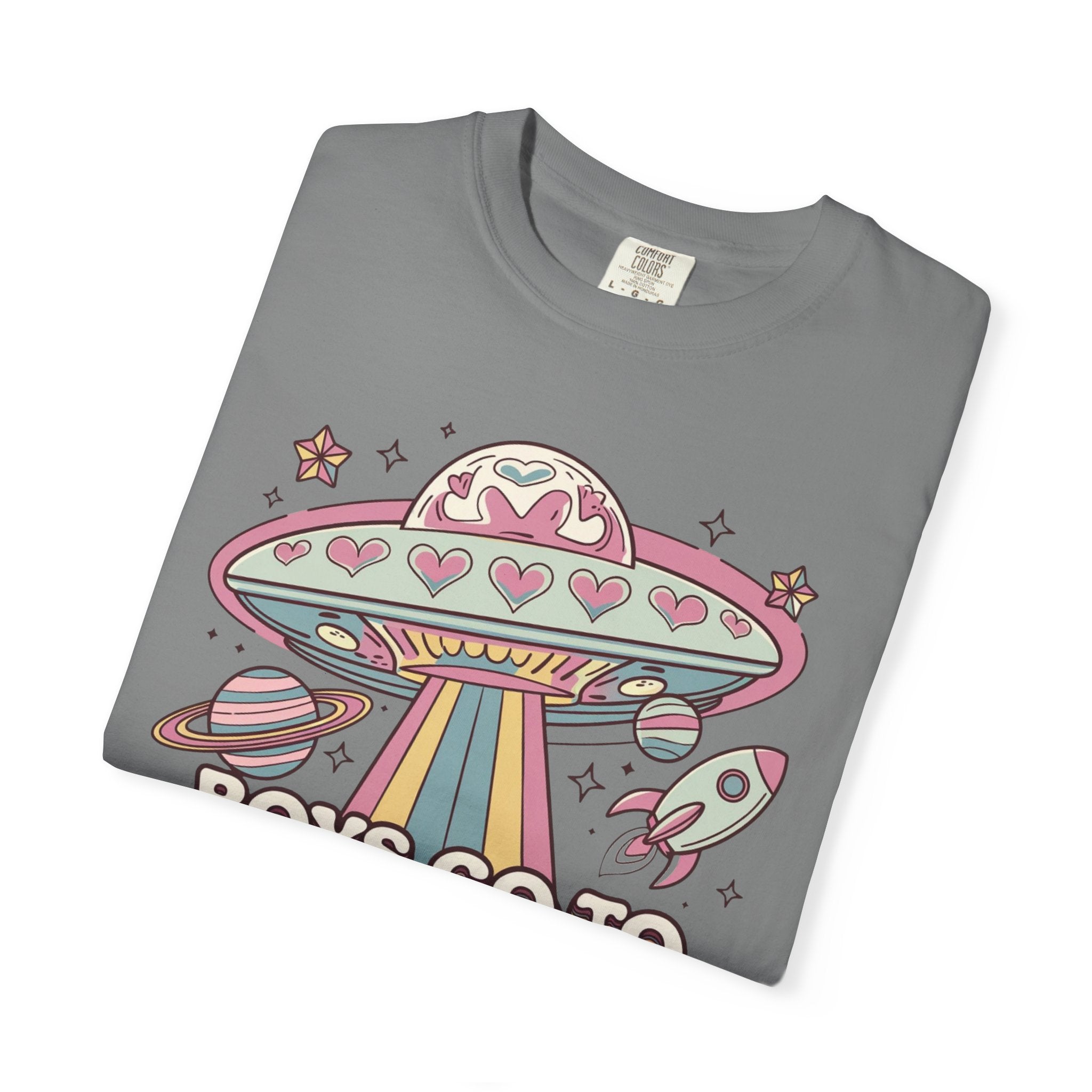 Boys Go to Jupiter Graphic Tee – Retro Space Valentine Shirt for Women | Fun UFO Heart