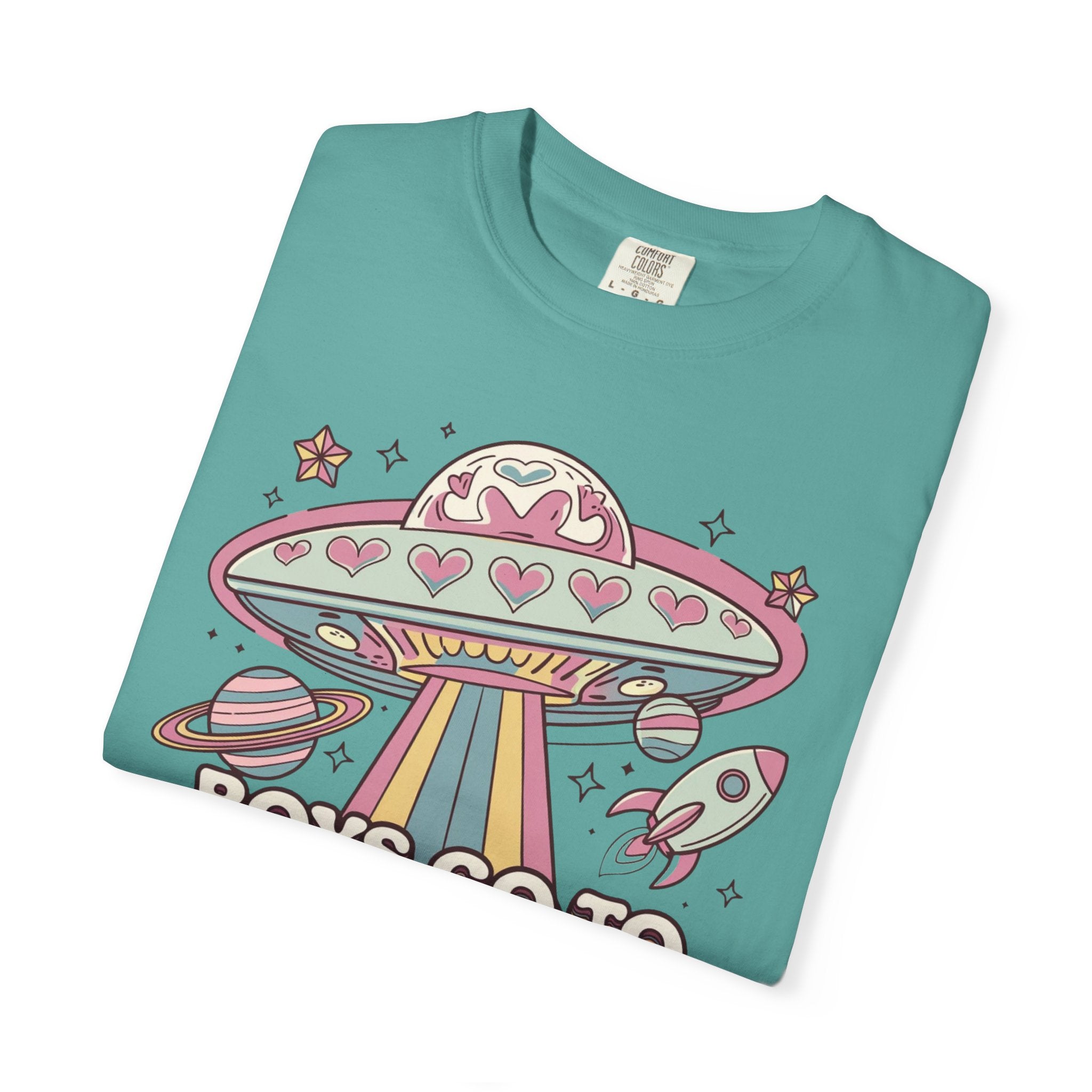Boys Go to Jupiter Graphic Tee – Retro Space Valentine Shirt for Women | Fun UFO Heart
