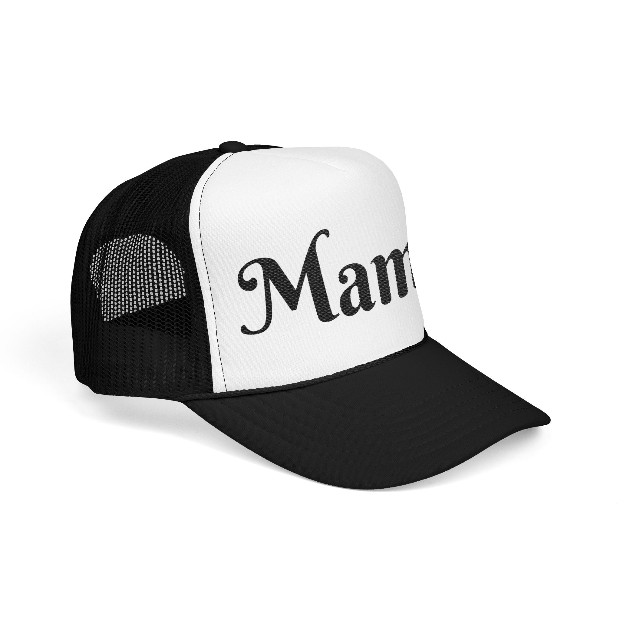 Embroidered Black and White Mama Trucker Hat