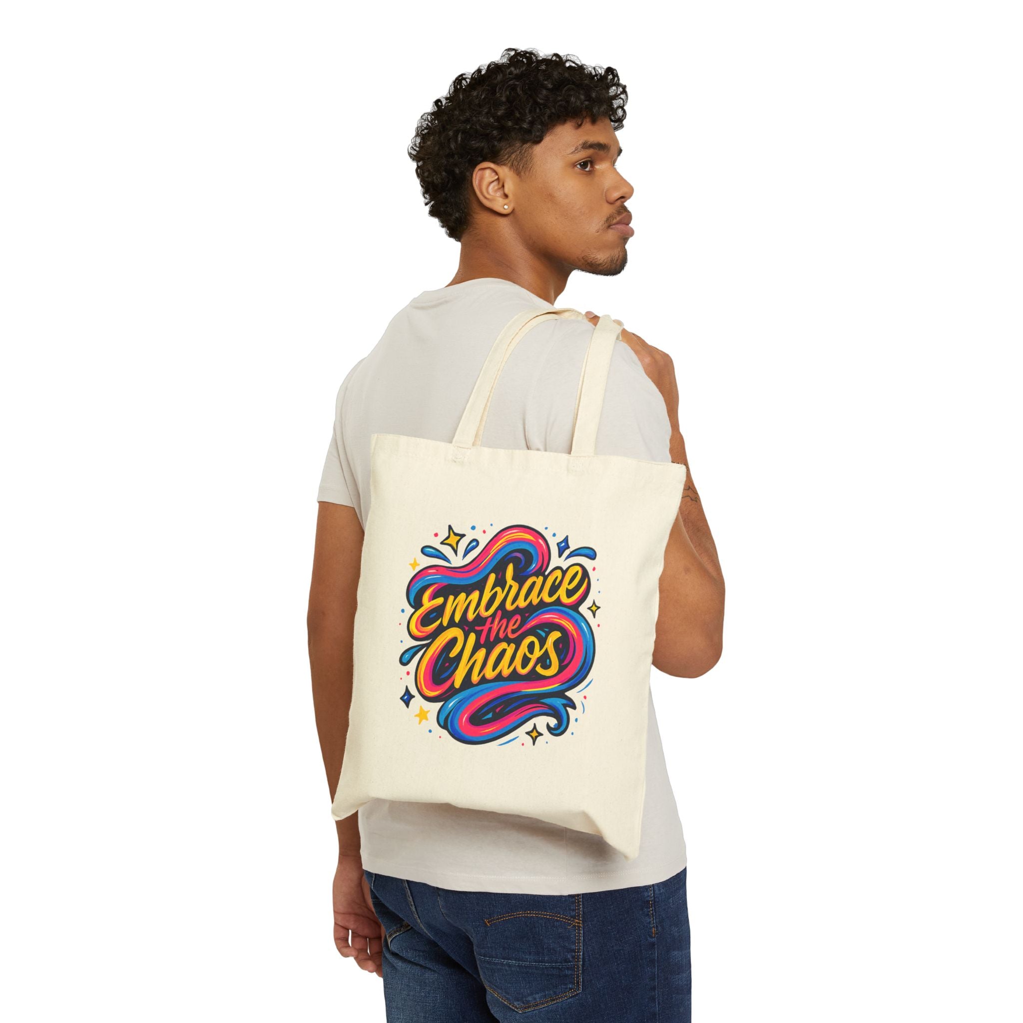 "Embrace the Chaos" Colorful Fun Shoulder Cotton Canvas Tote Bag