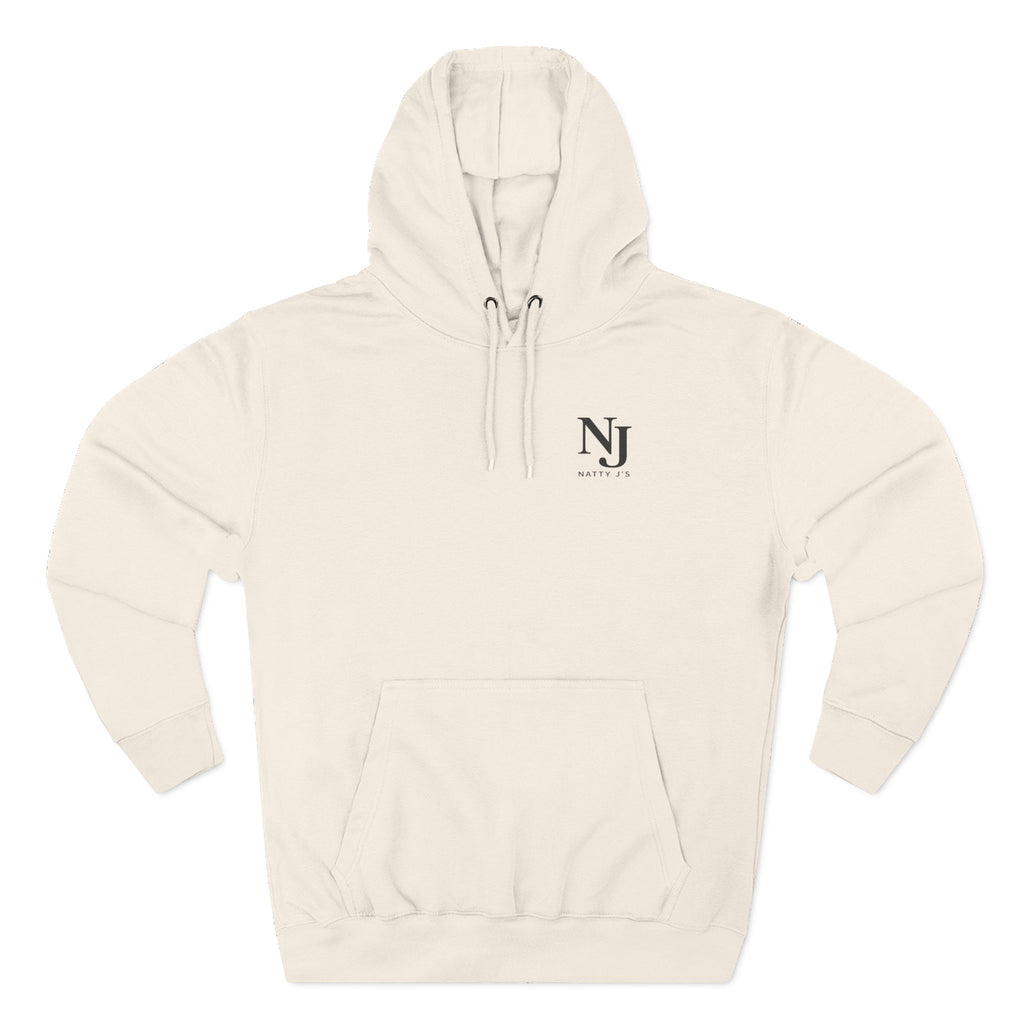 Beige hoodie with NJ logo on a white background