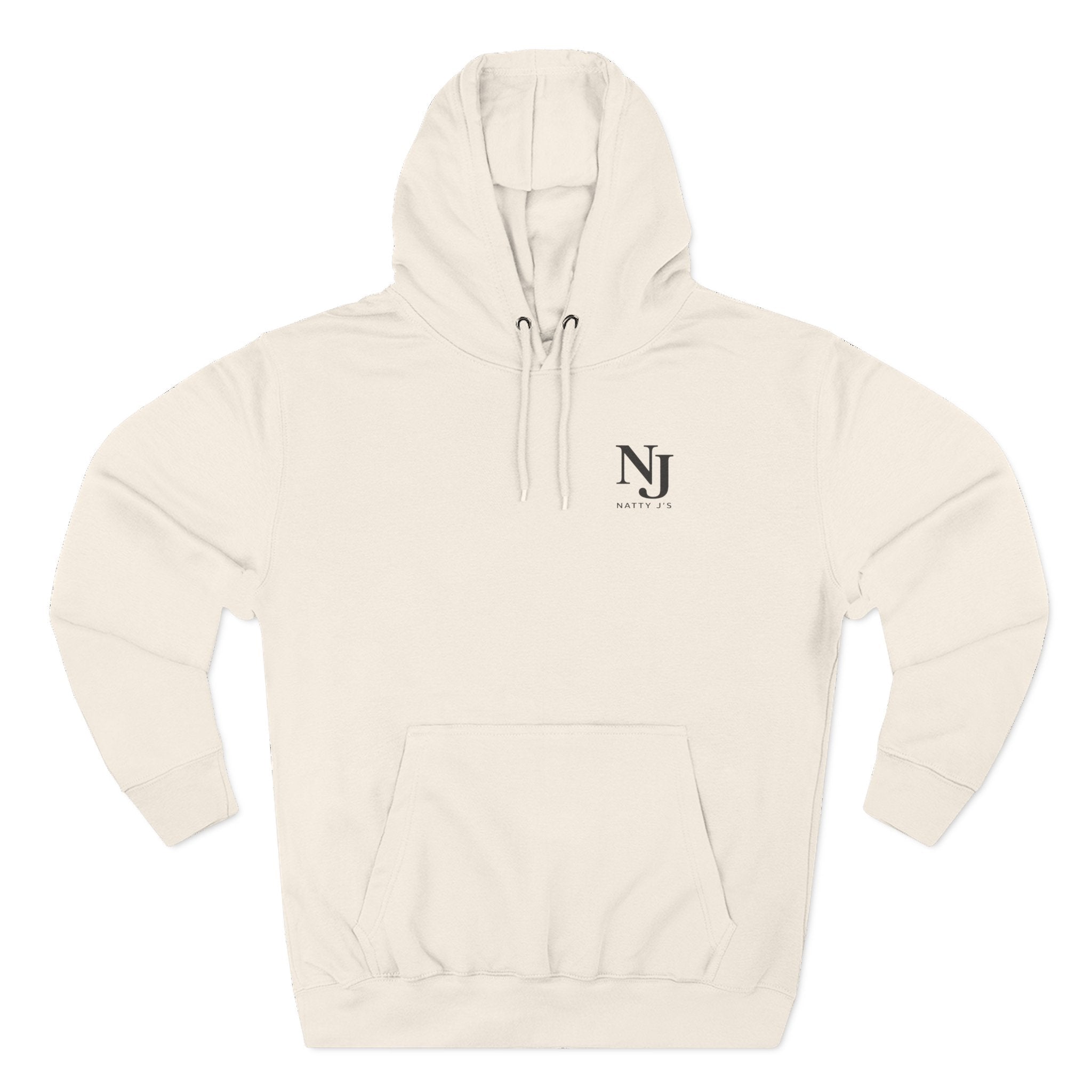 Beige hoodie with NJ logo on a white background