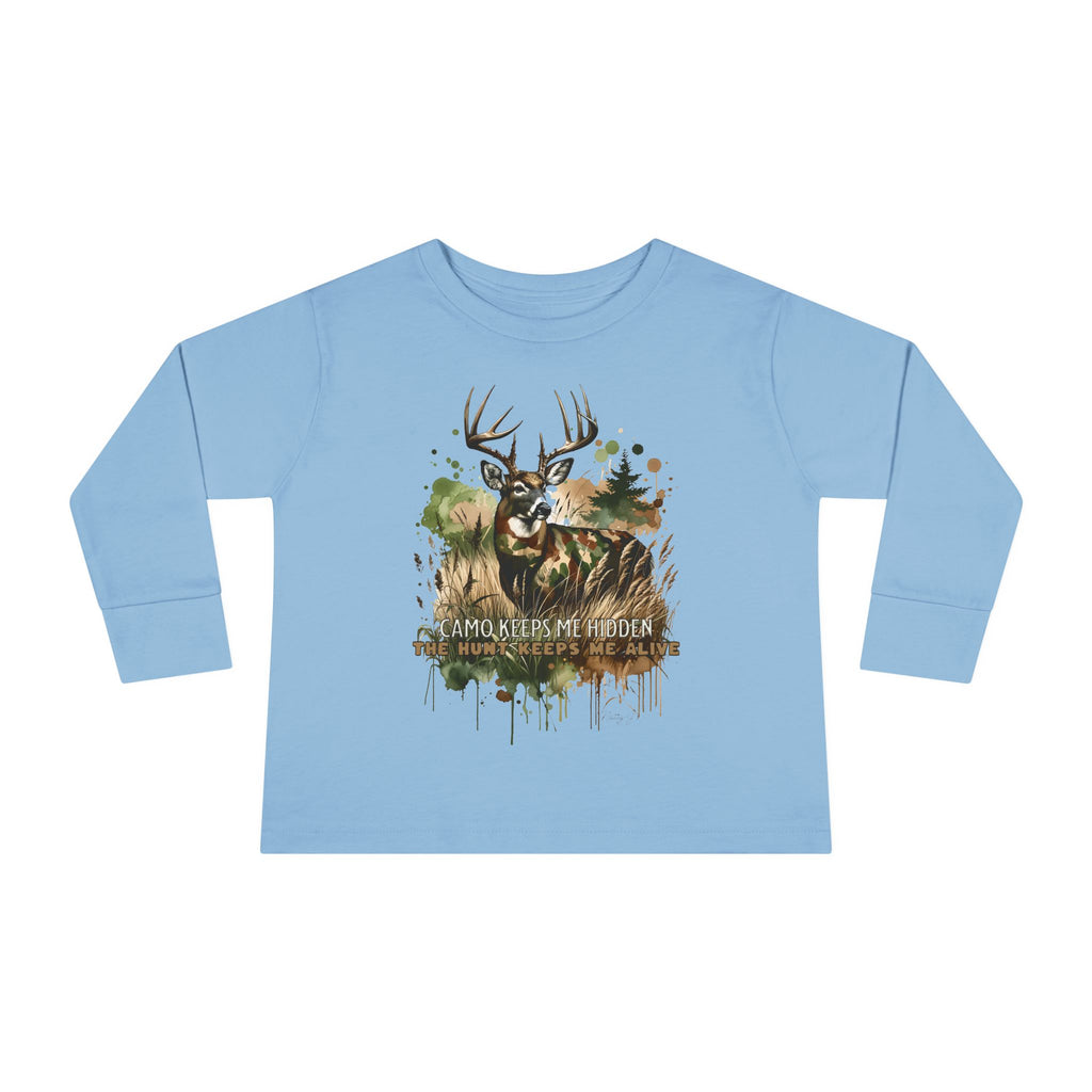 Toddler Camo Keeps Me Hidden Long Sleeve Shirt – Deer Hunting Graphic Long Sleeve Tee | Natty J’s