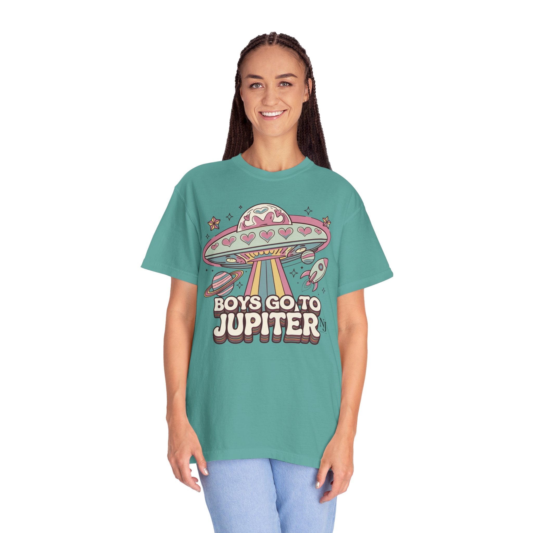 Boys Go to Jupiter Graphic Tee – Retro Space Valentine Shirt for Women | Fun UFO Heart