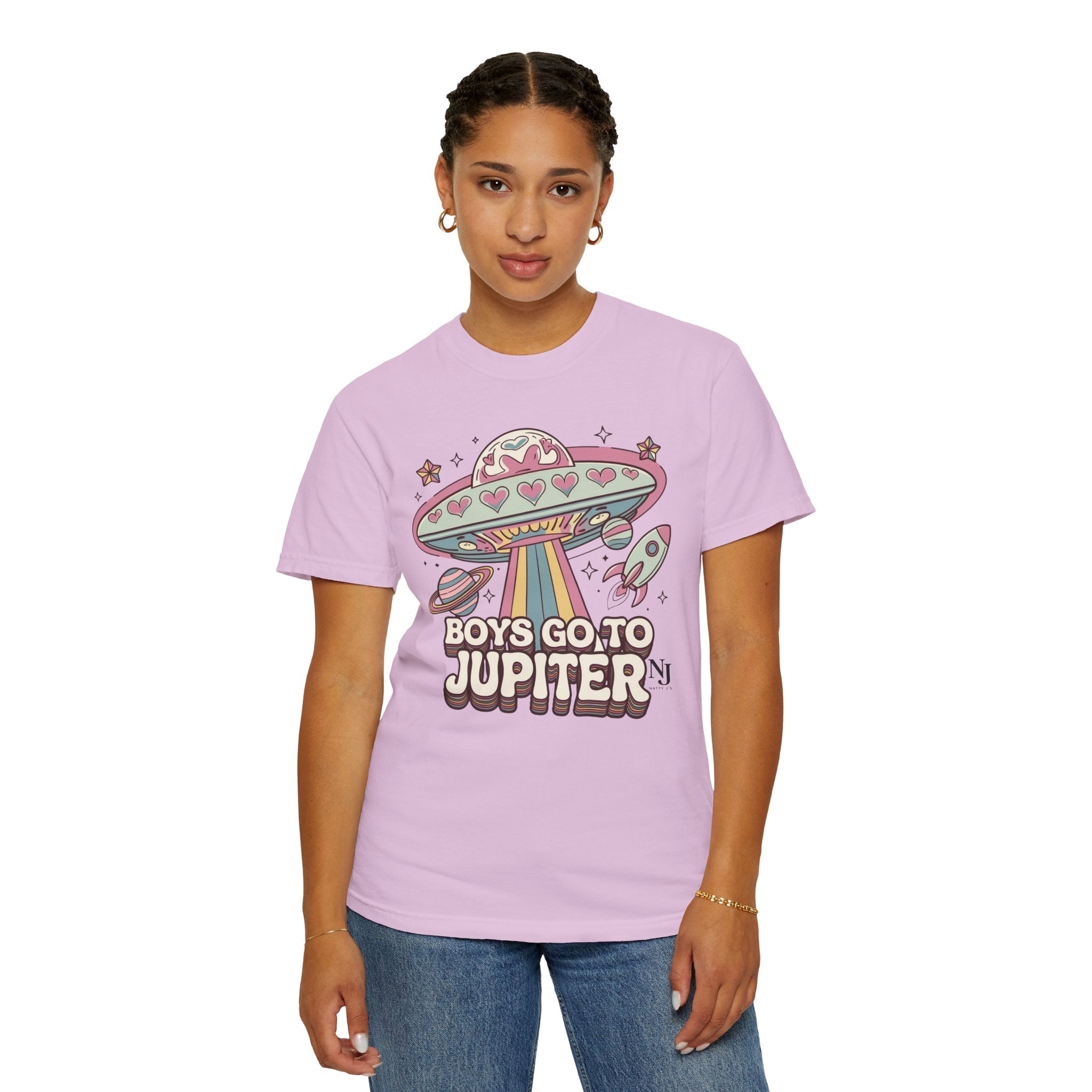 Boys Go to Jupiter Graphic Tee – Retro Space Valentine Shirt for Women | Fun UFO Heart
