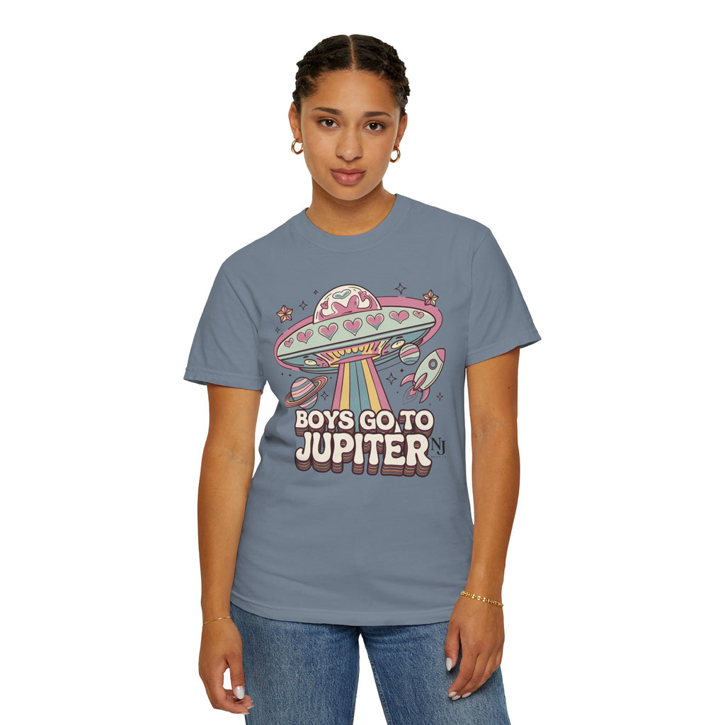 Boys Go to Jupiter Graphic Tee – Retro Space Valentine Shirt for Women | Fun UFO Heart